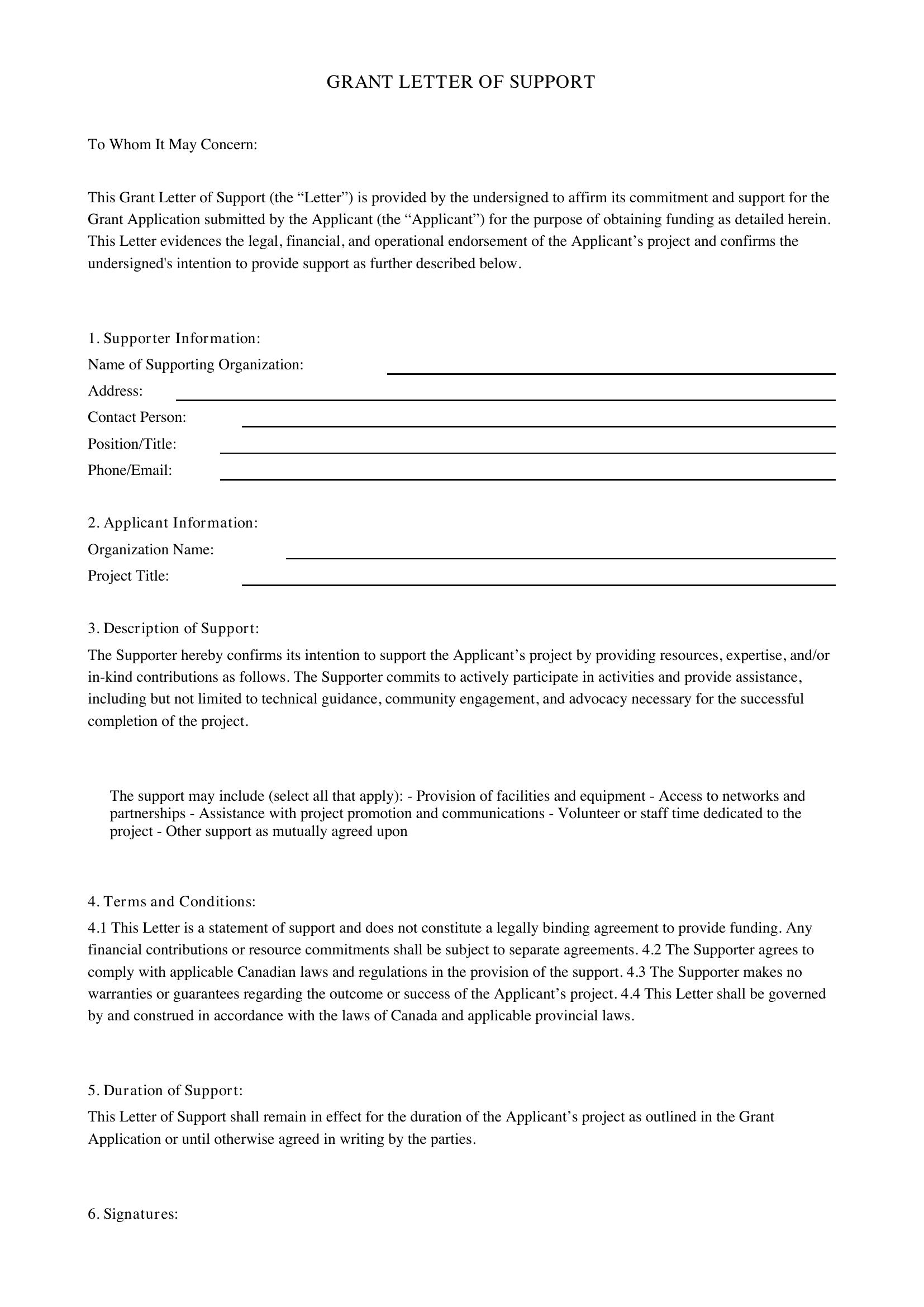 Grant Letter Of Support Template - Canada