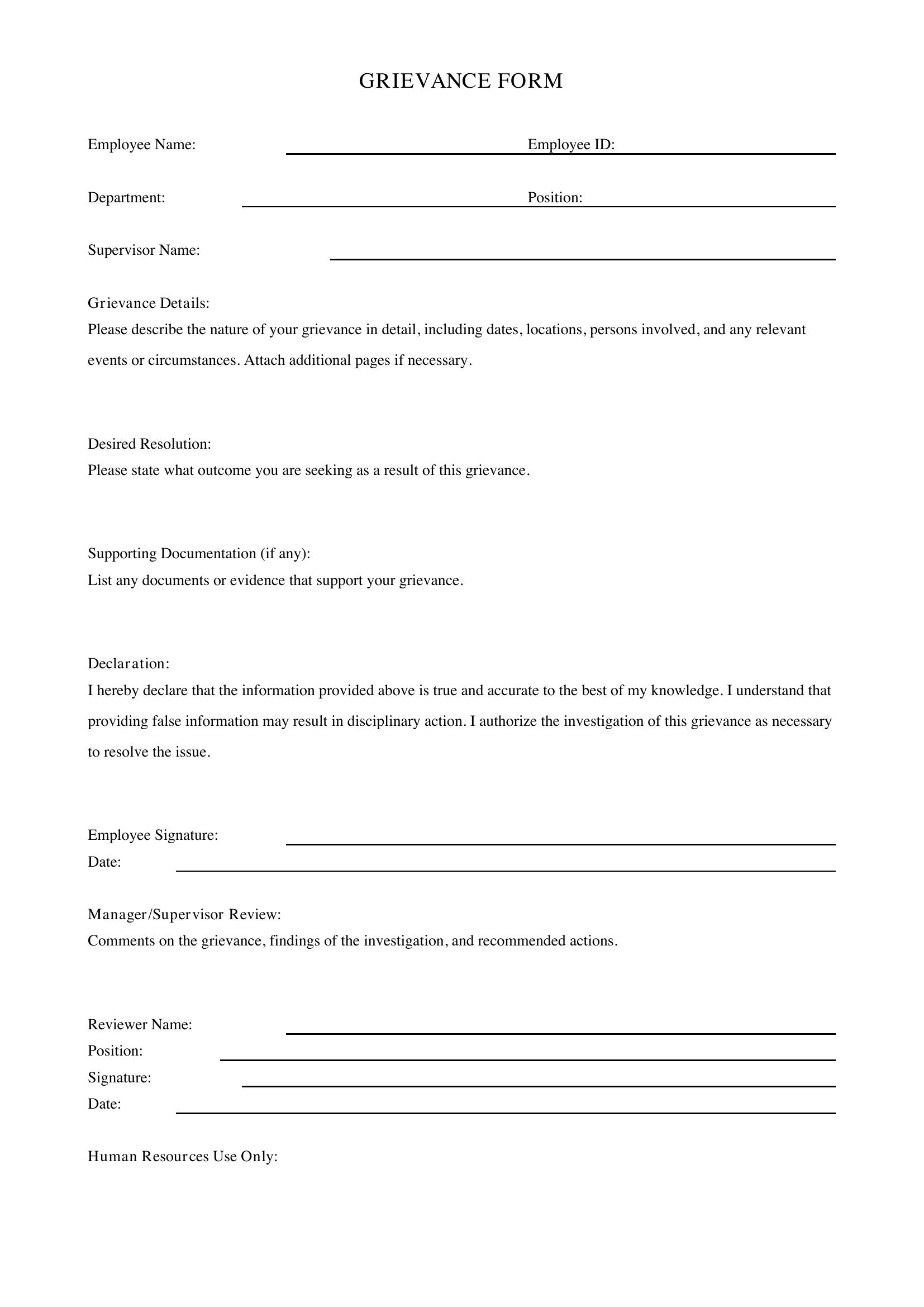 Grievance Form Template - Canada