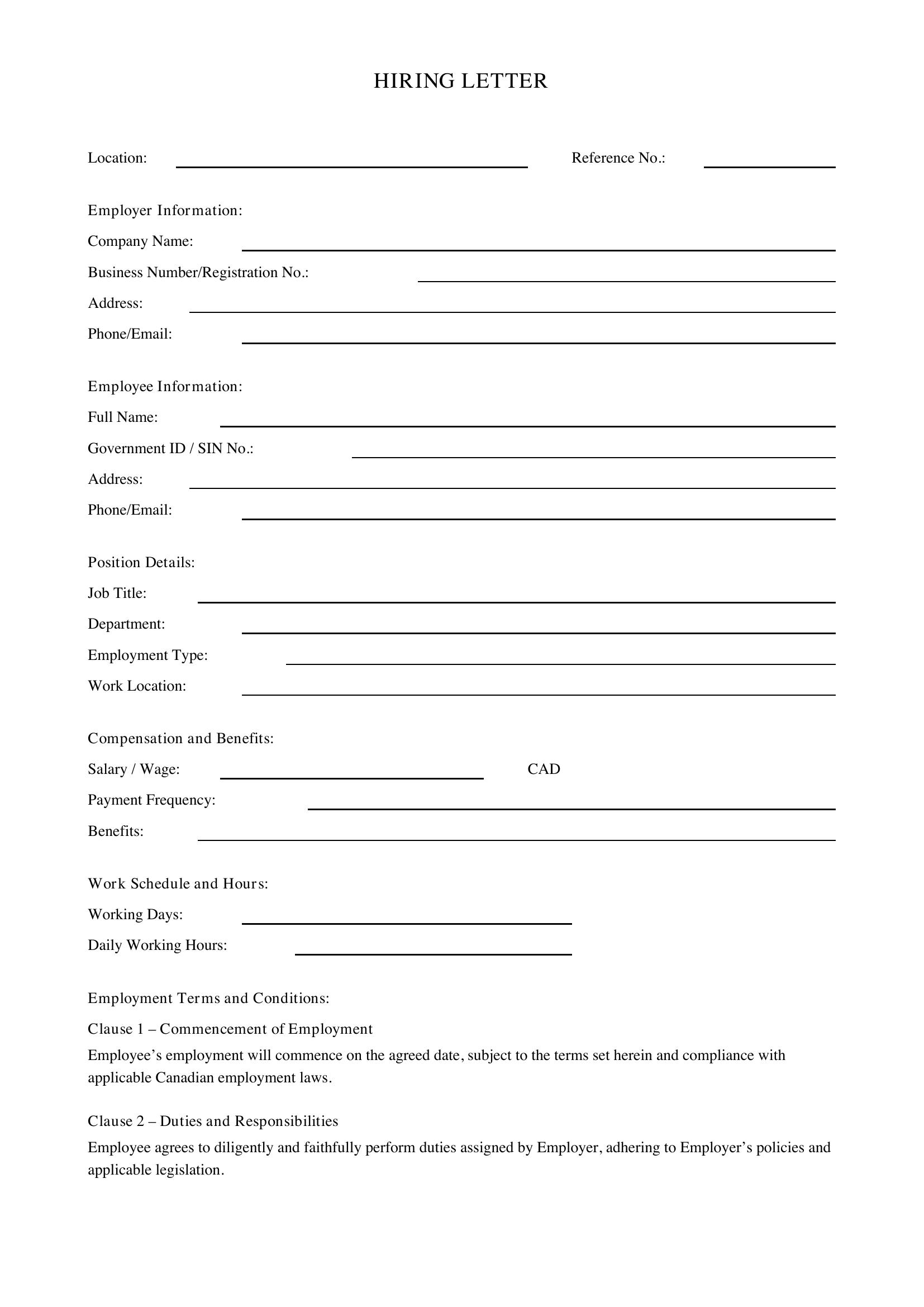 Hiring Letter Template - Canada