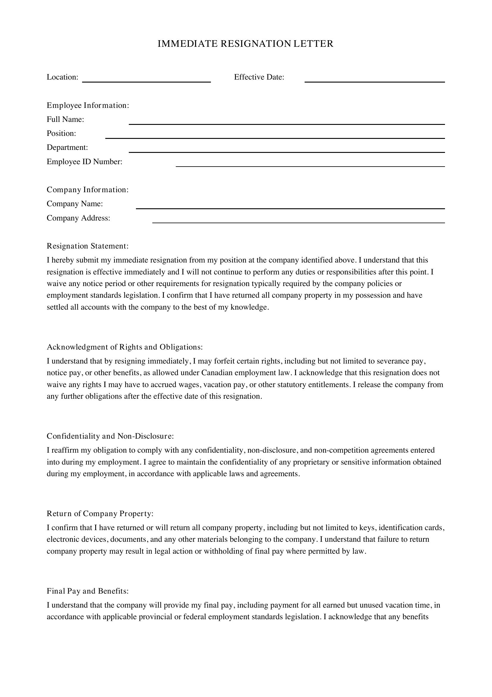 Immediate Resignation Letter Template - Canada