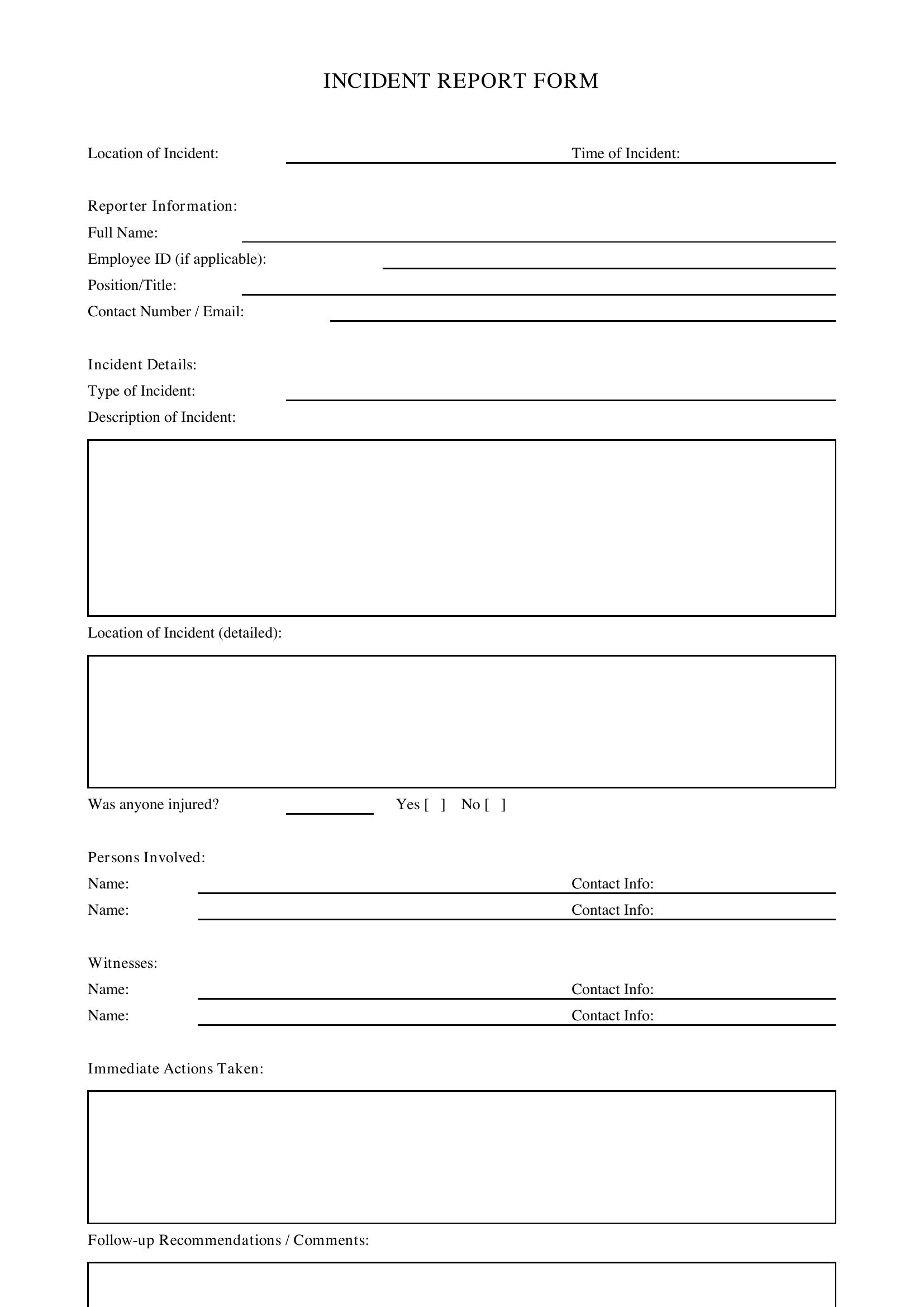 Incident Form Template - Canada