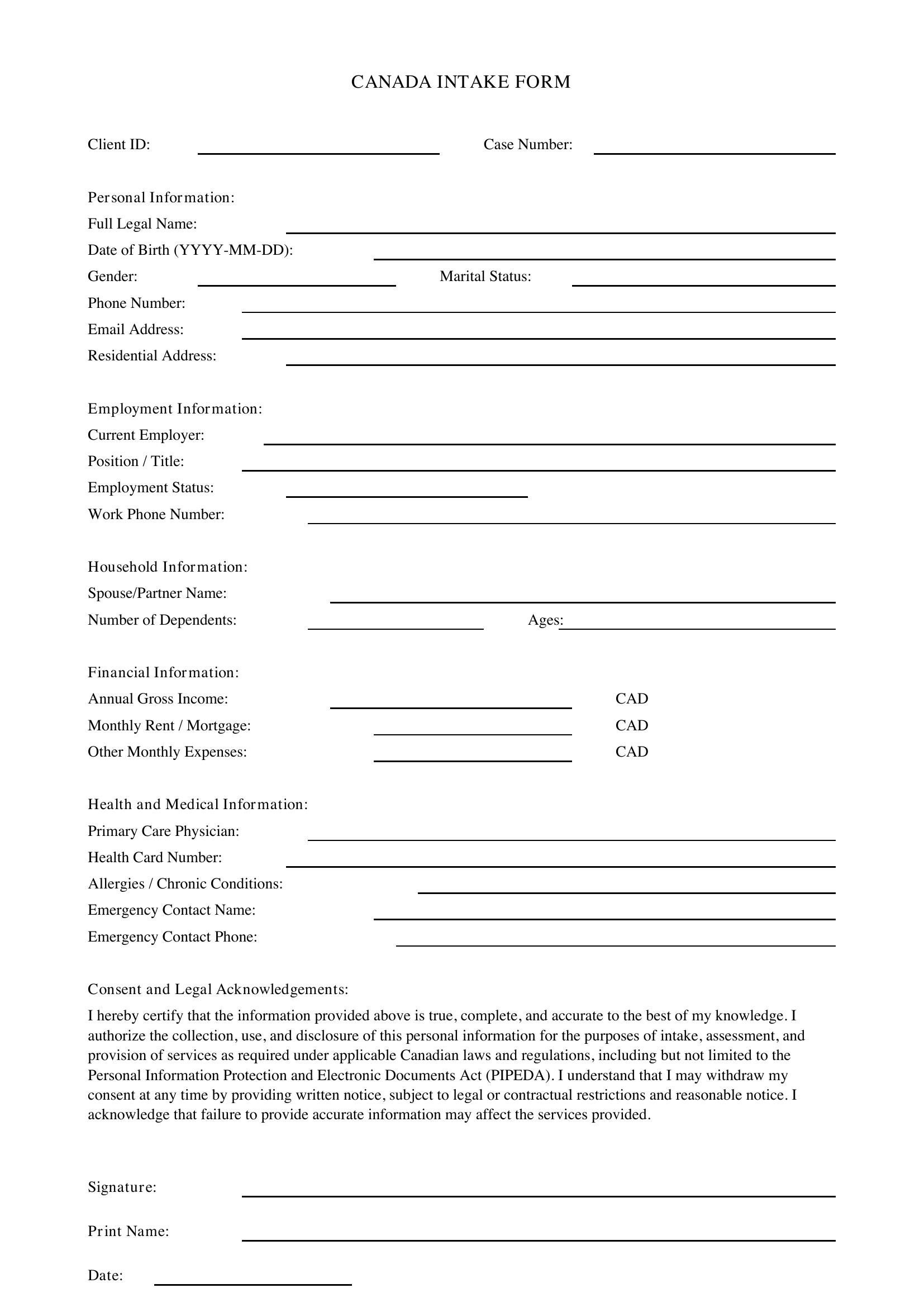 Intake Form Template - Canada