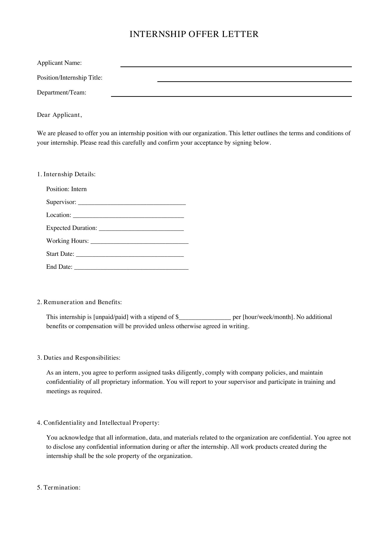 Internship Offer Letter Template - Canada