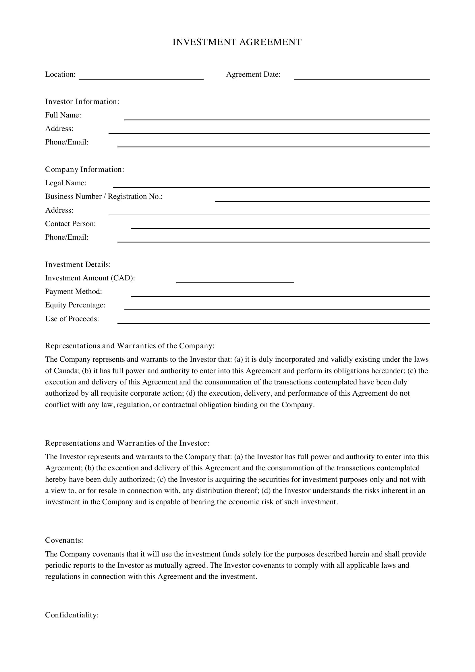 Investment Contract Template - Canada
