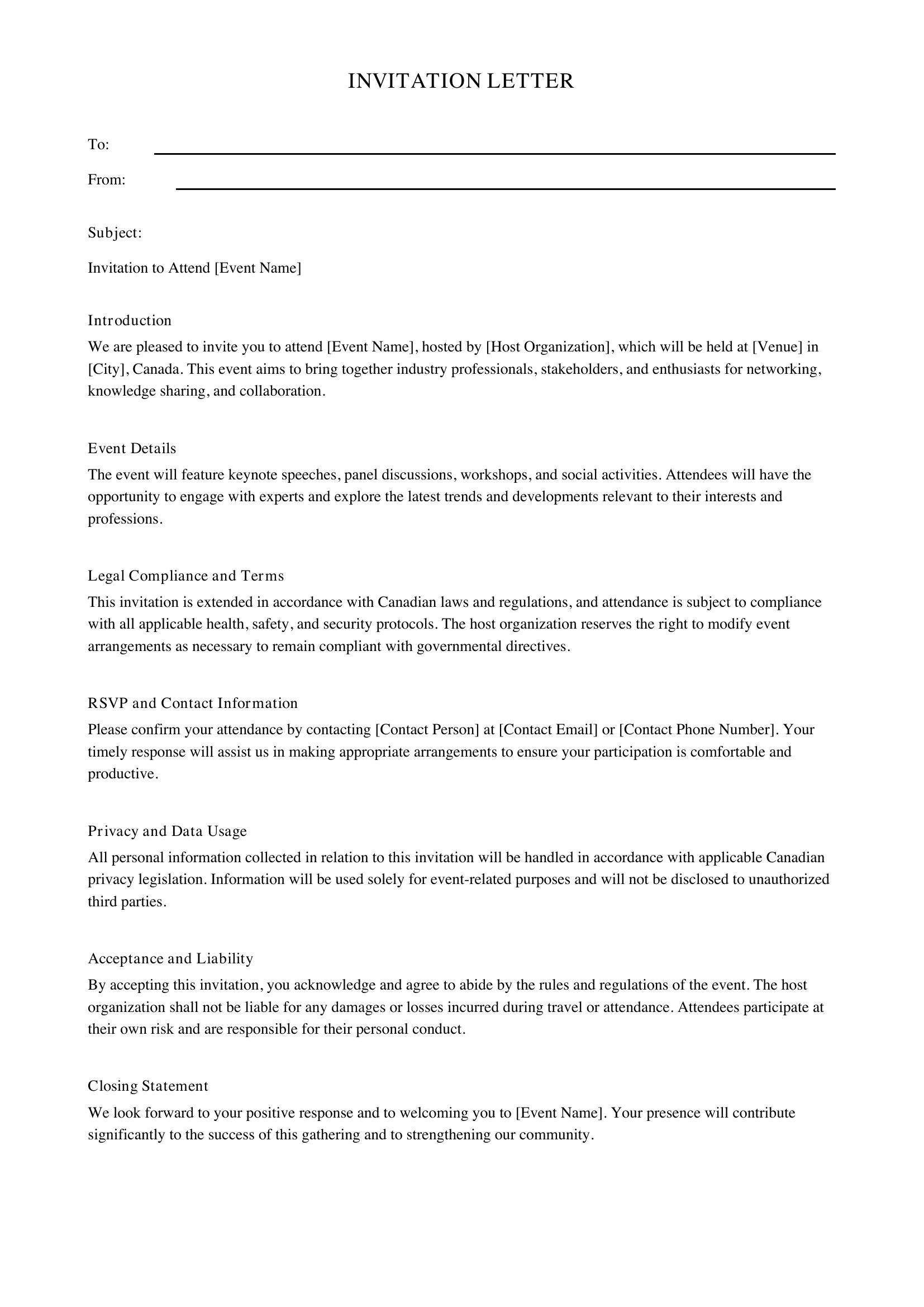 Invitation Letter To Template - Canada