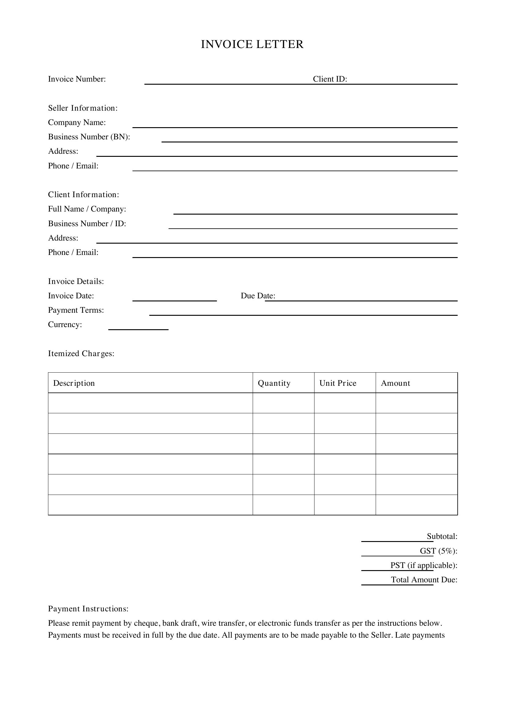 Invoice Letter Template - Canada