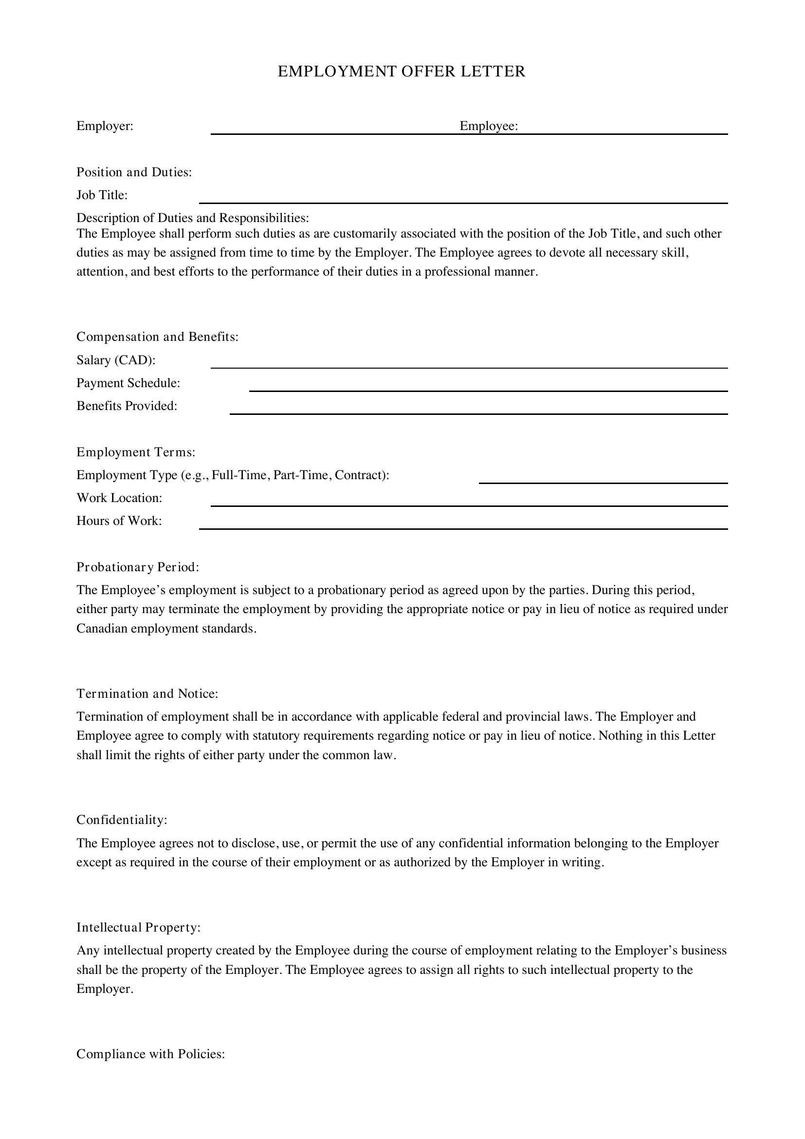 Job Letter Template - Canada