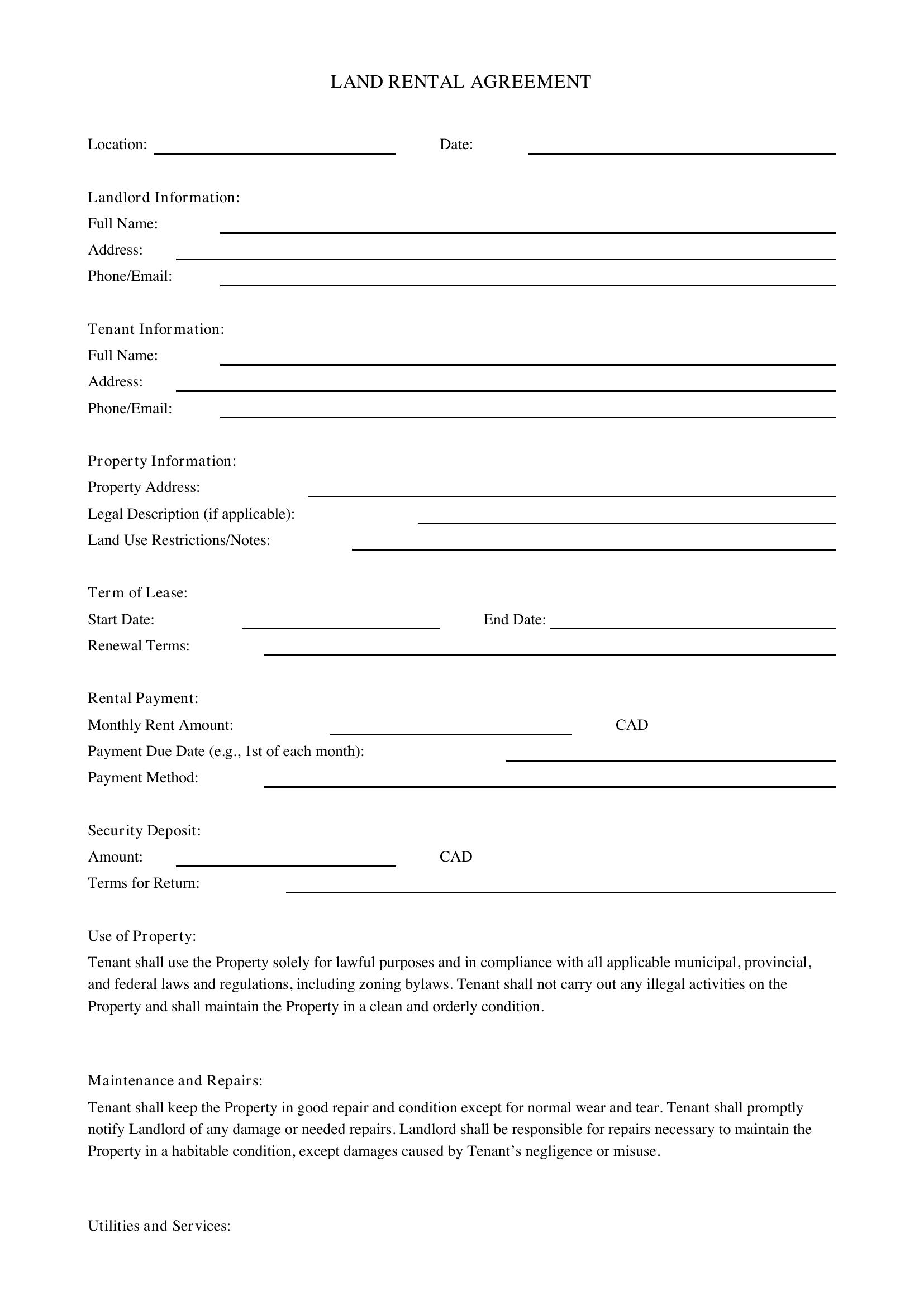 Land Rental Agreement Template - Canada