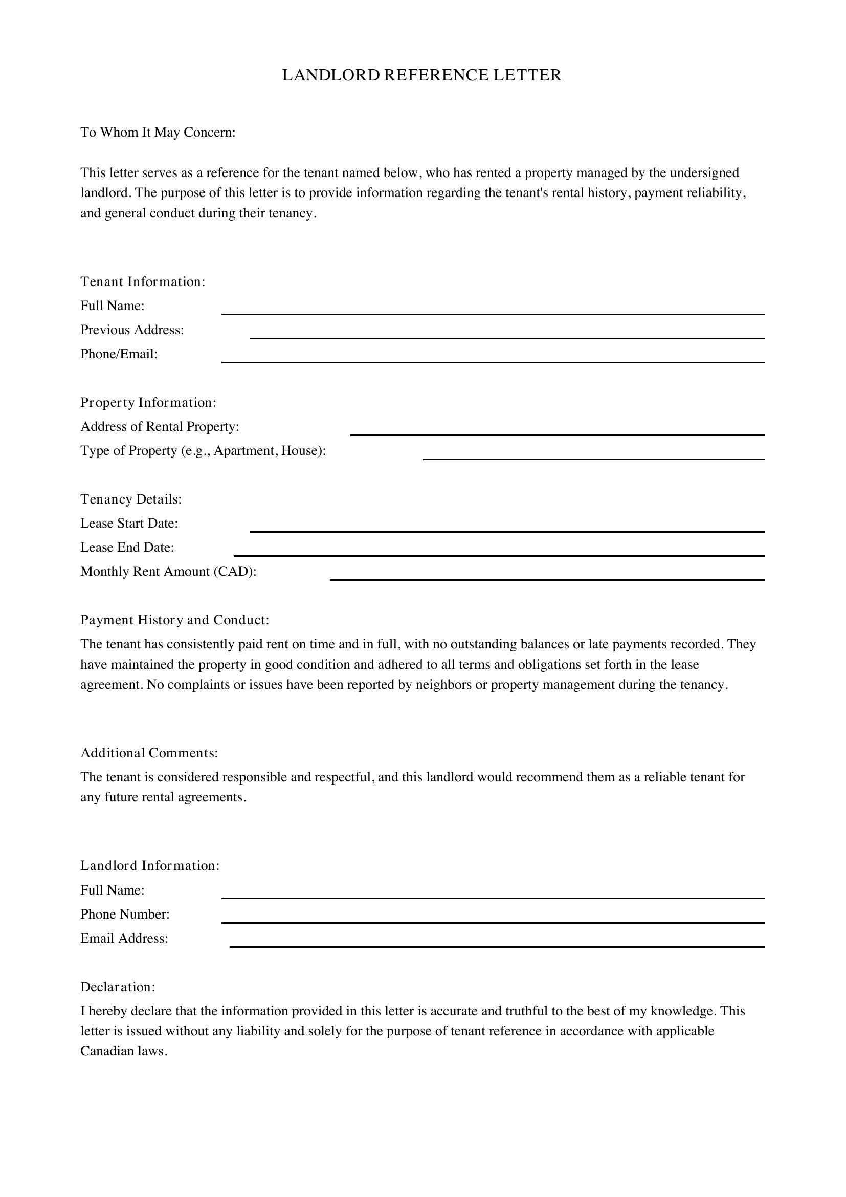 Landlord Reference Letter Template - Canada