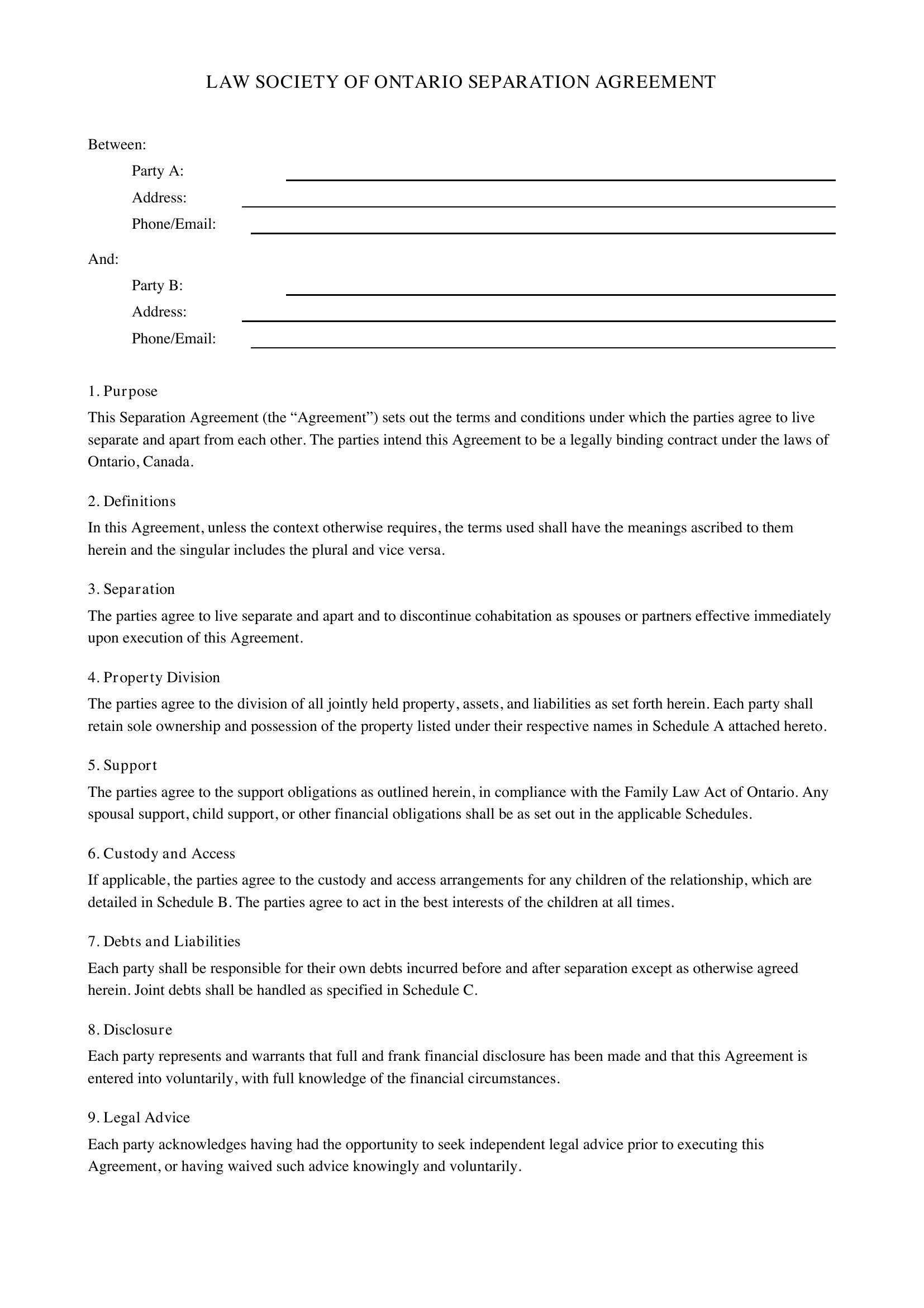 Law Society Of Ontario Separation Agreement Template - Canada