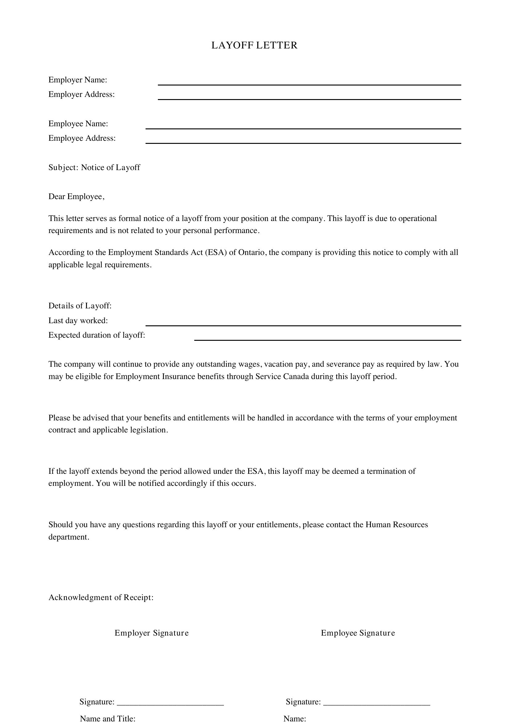 Layoff Letter Ontario Template - Canada