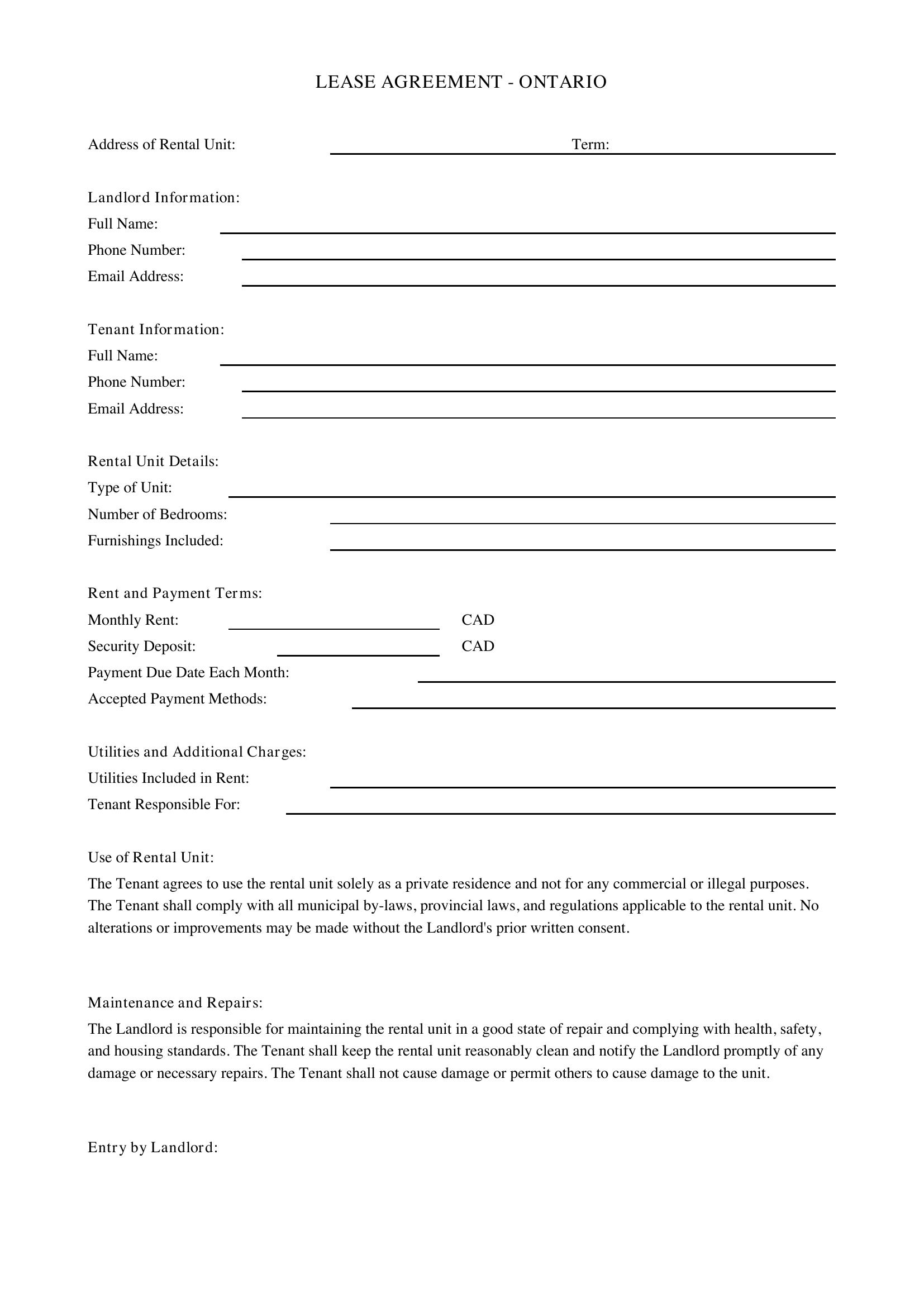 Lease Agreement Ontario Template - Canada