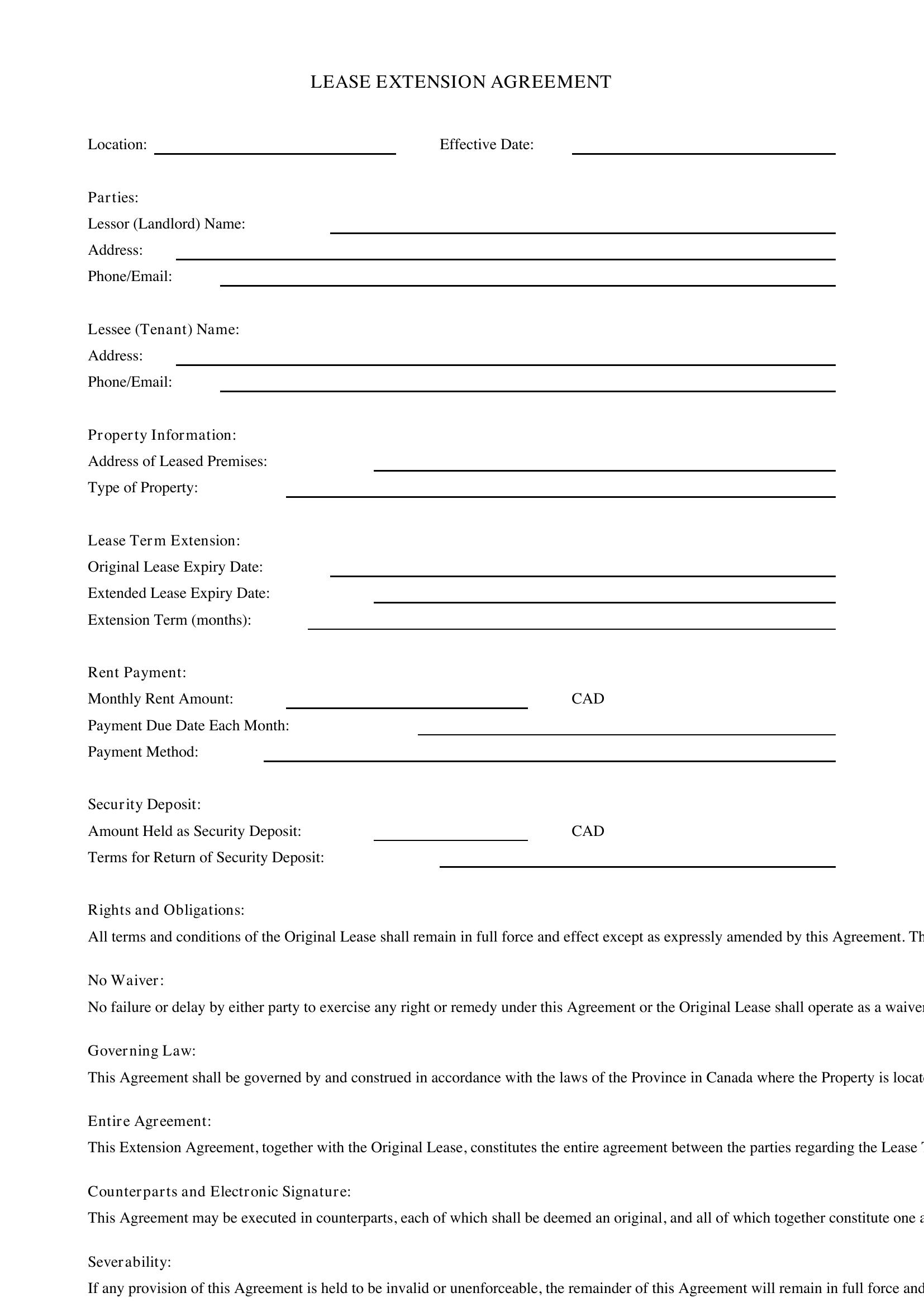 Lease Extension Agreement Template - Canada