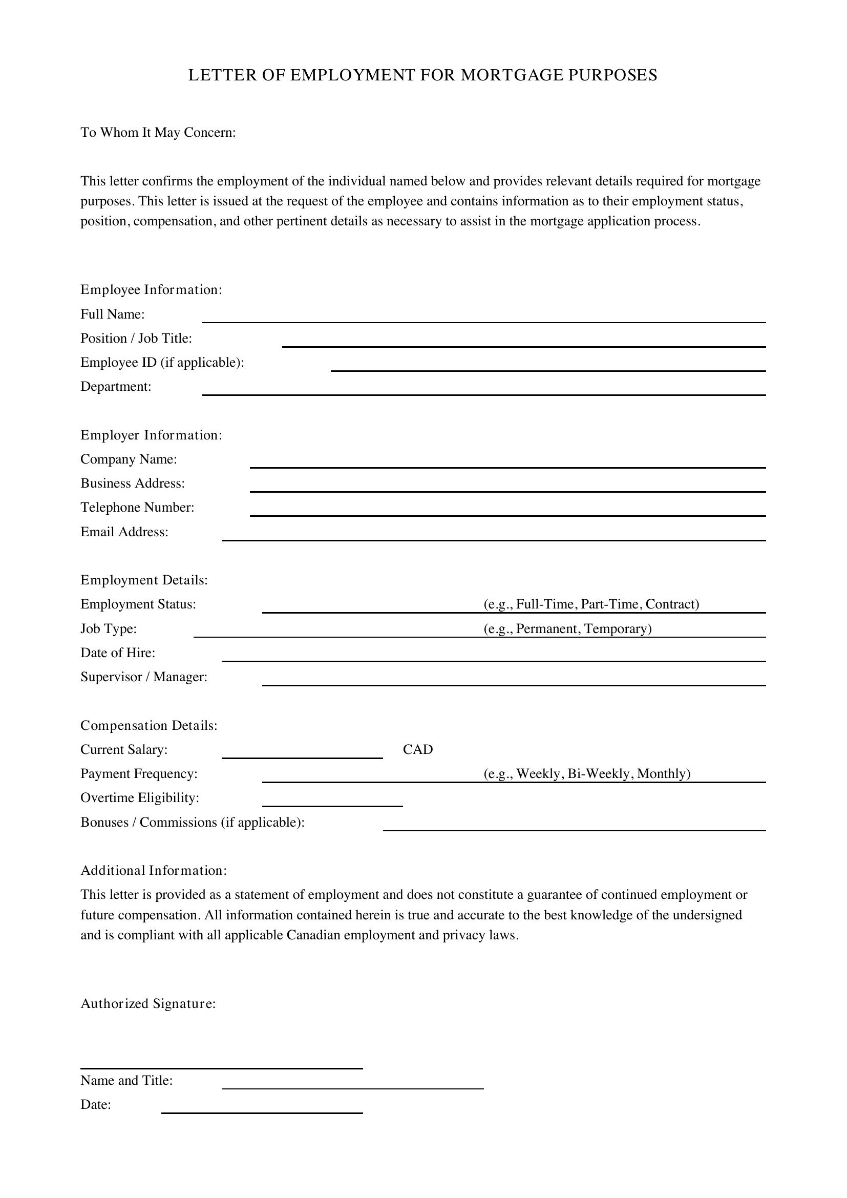 Letter Of Employment For Mortgage Template - Canada
