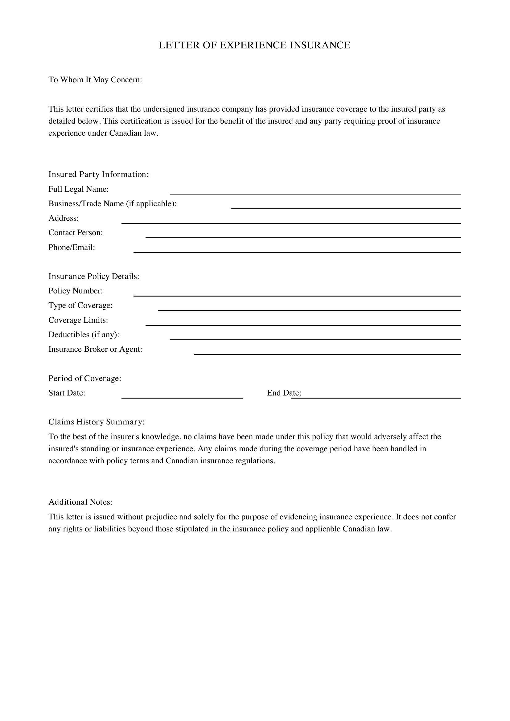Letter Of Experience Insurance Template - Canada