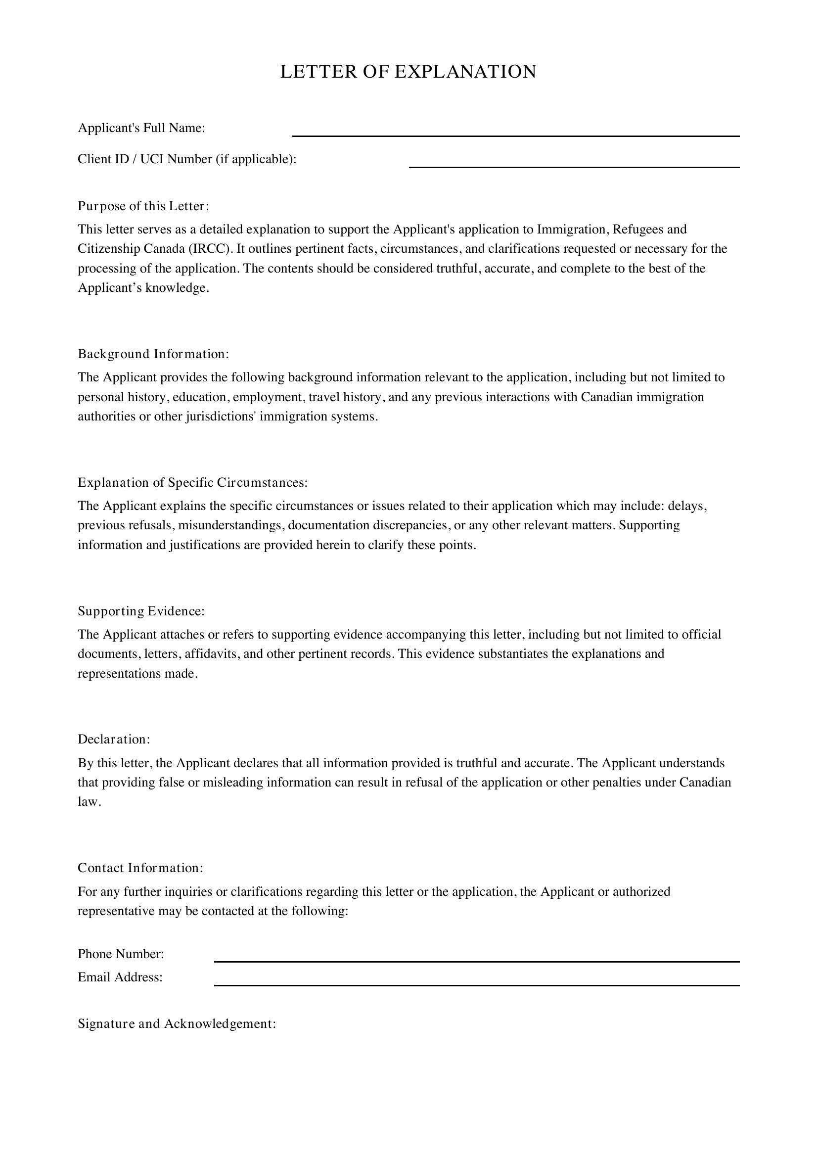Letter Of Explanation Ircc Template - Canada