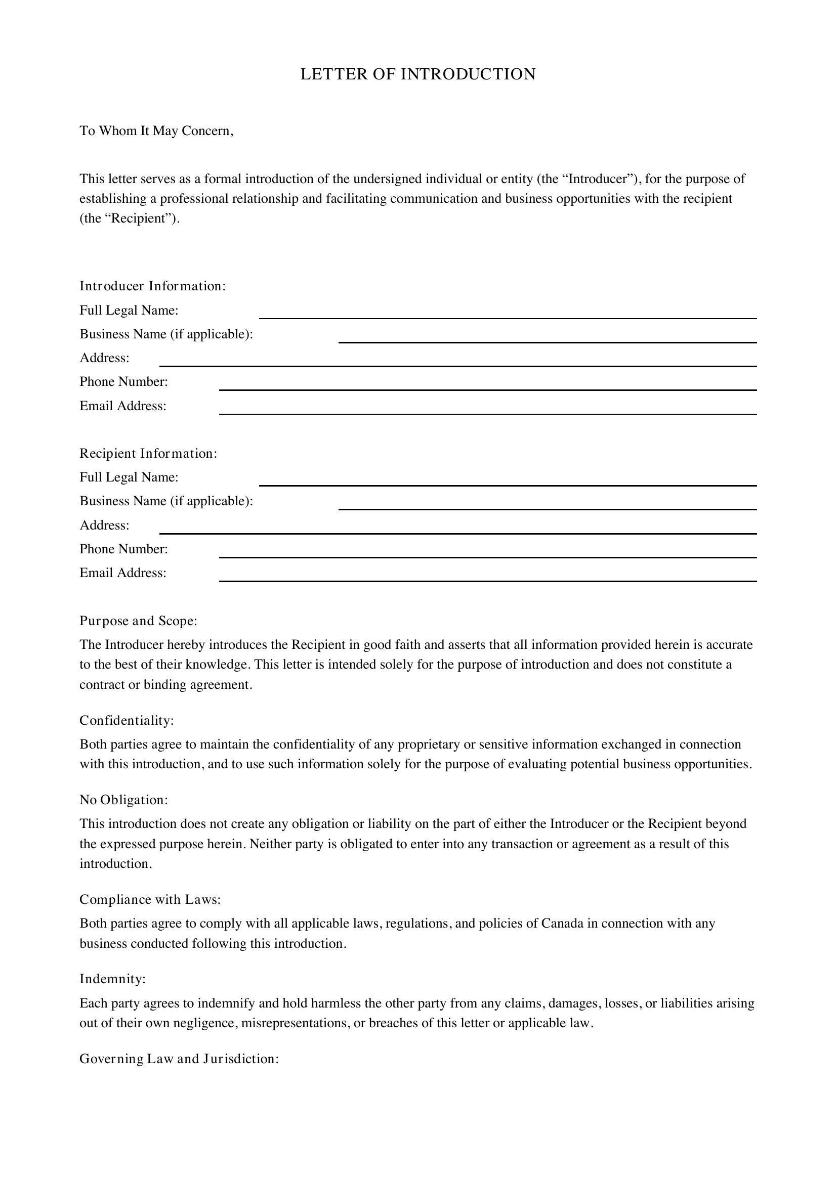 Letter Of Introduction Template - Canada