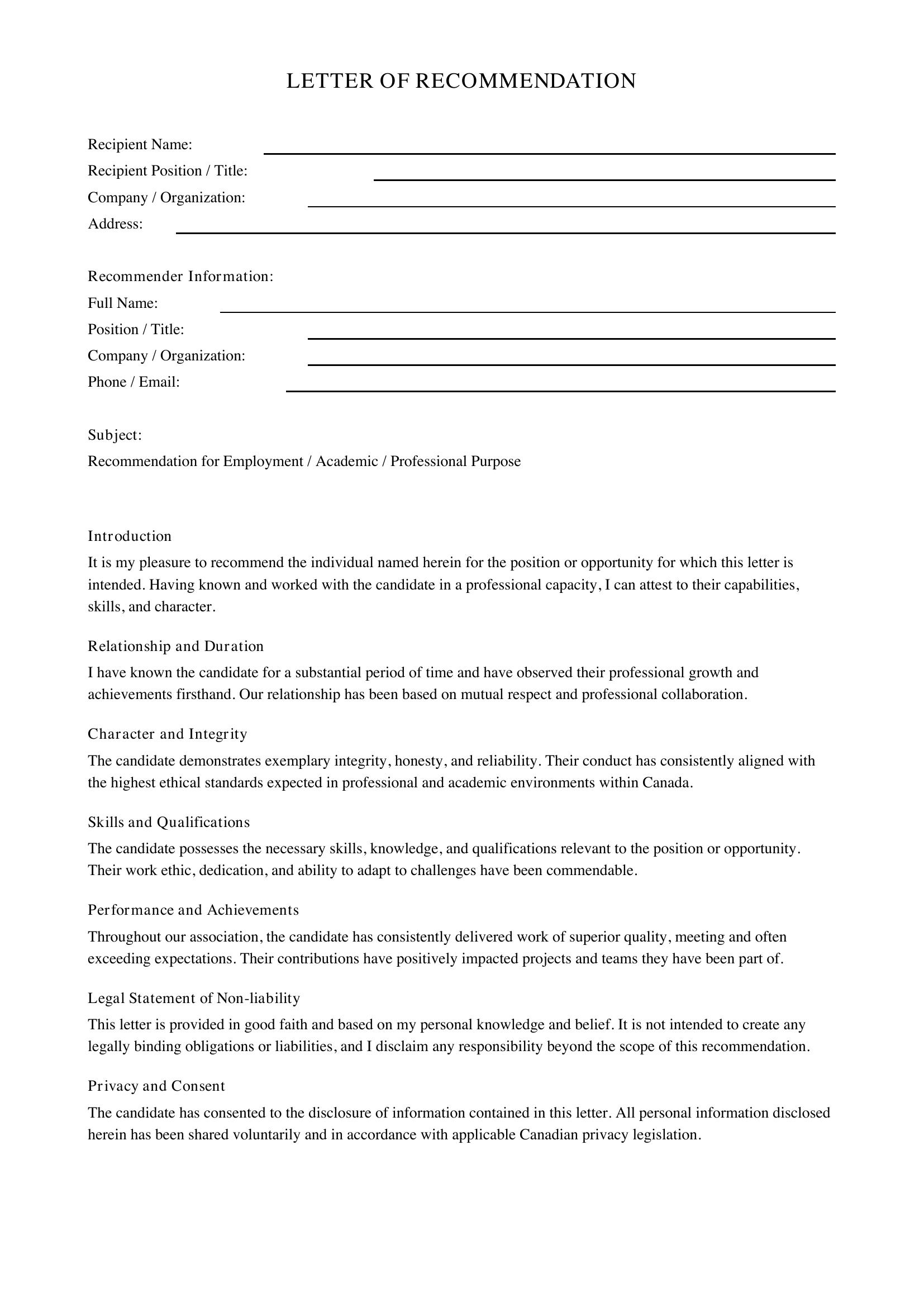 Letter Of Recommendation Template - Canada
