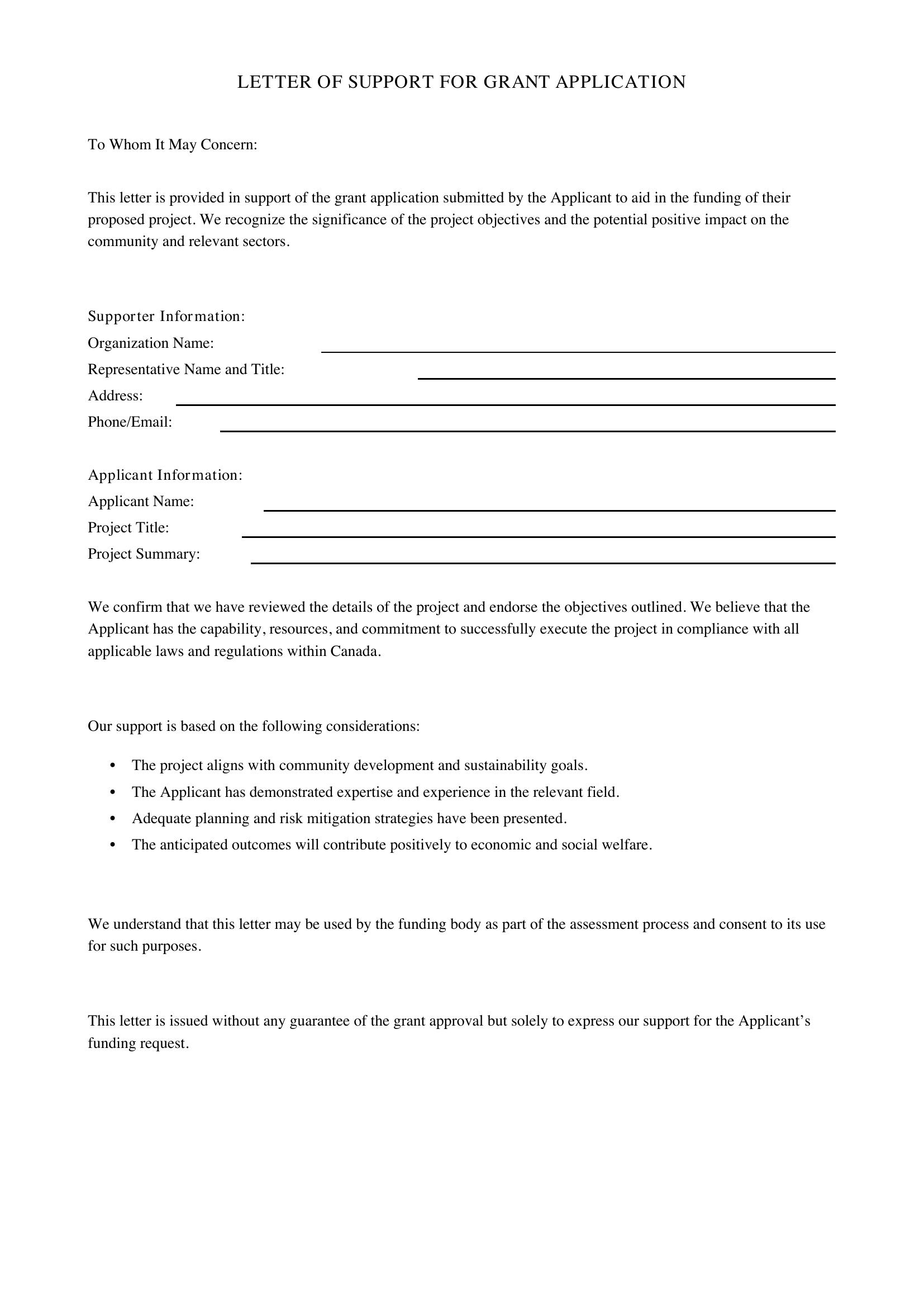 Letter Of Support For Grant Template - Canada