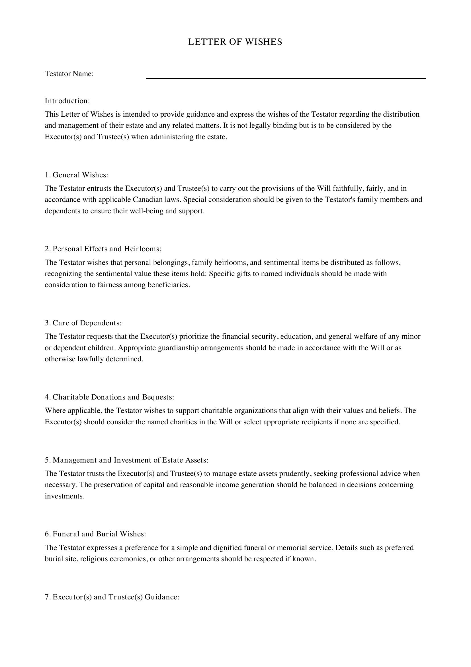 Letter Of Wishes Template - Canada
