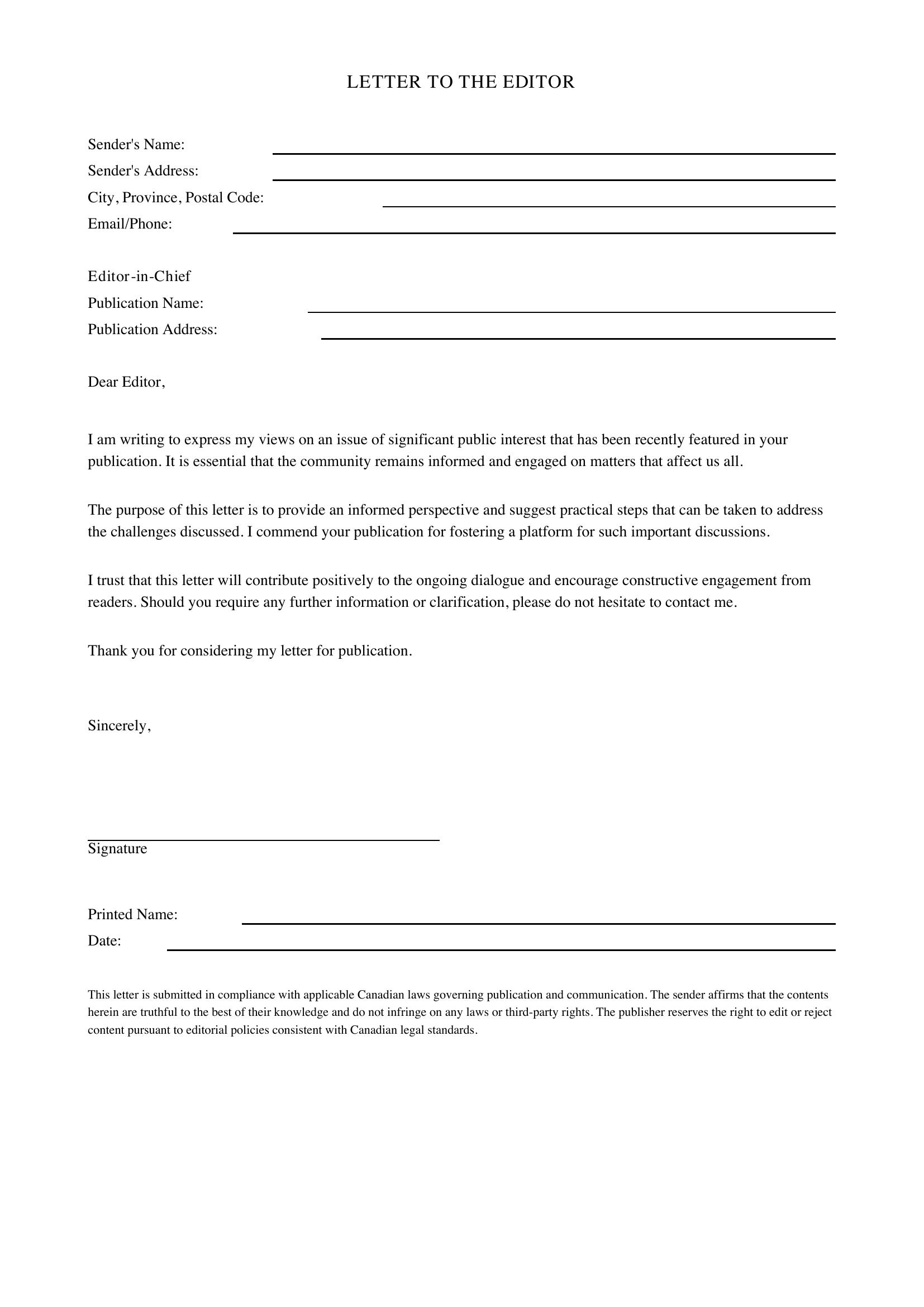 Letter To The Editor Template - Canada