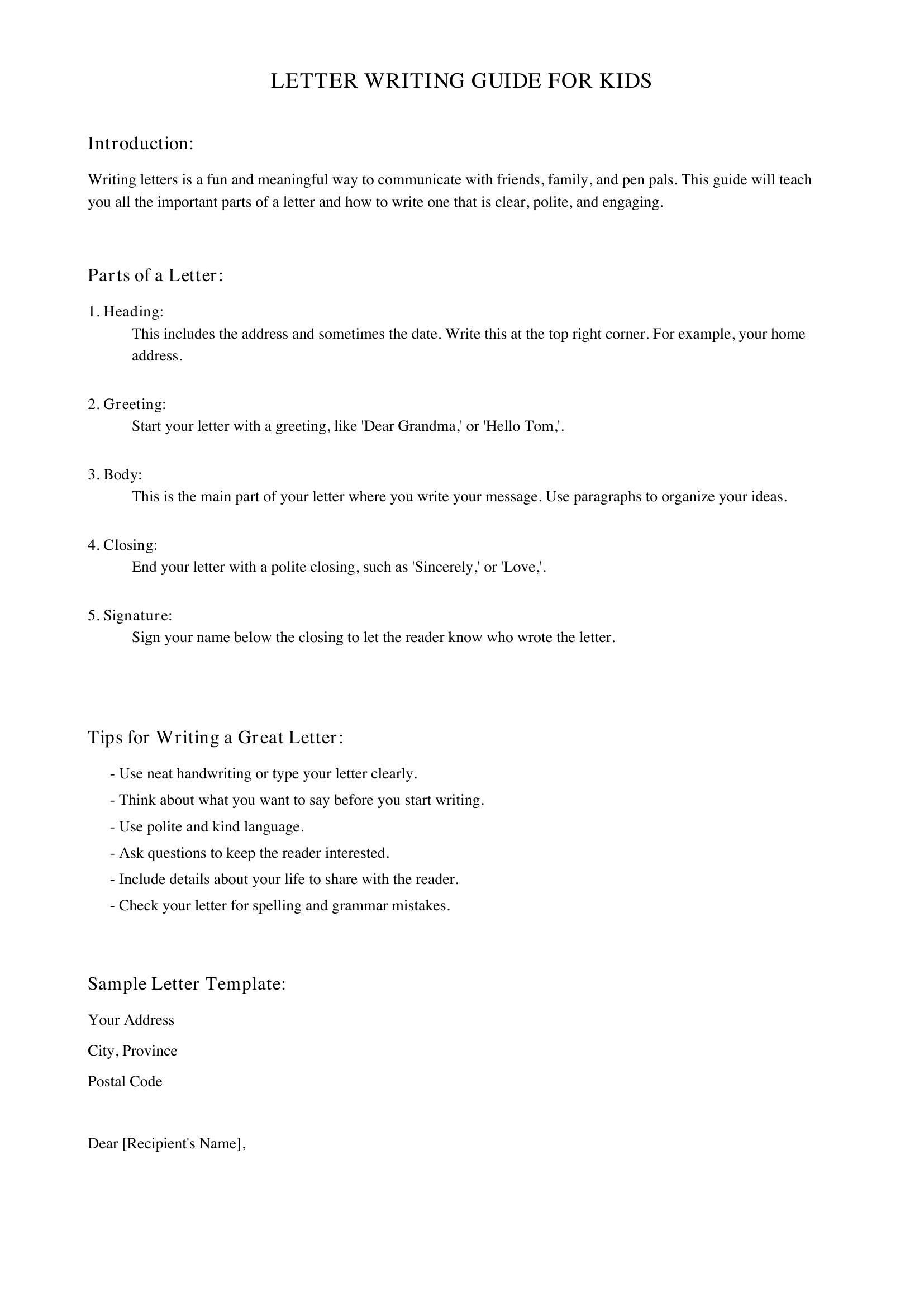 Letter Writing For Kids Template - Canada