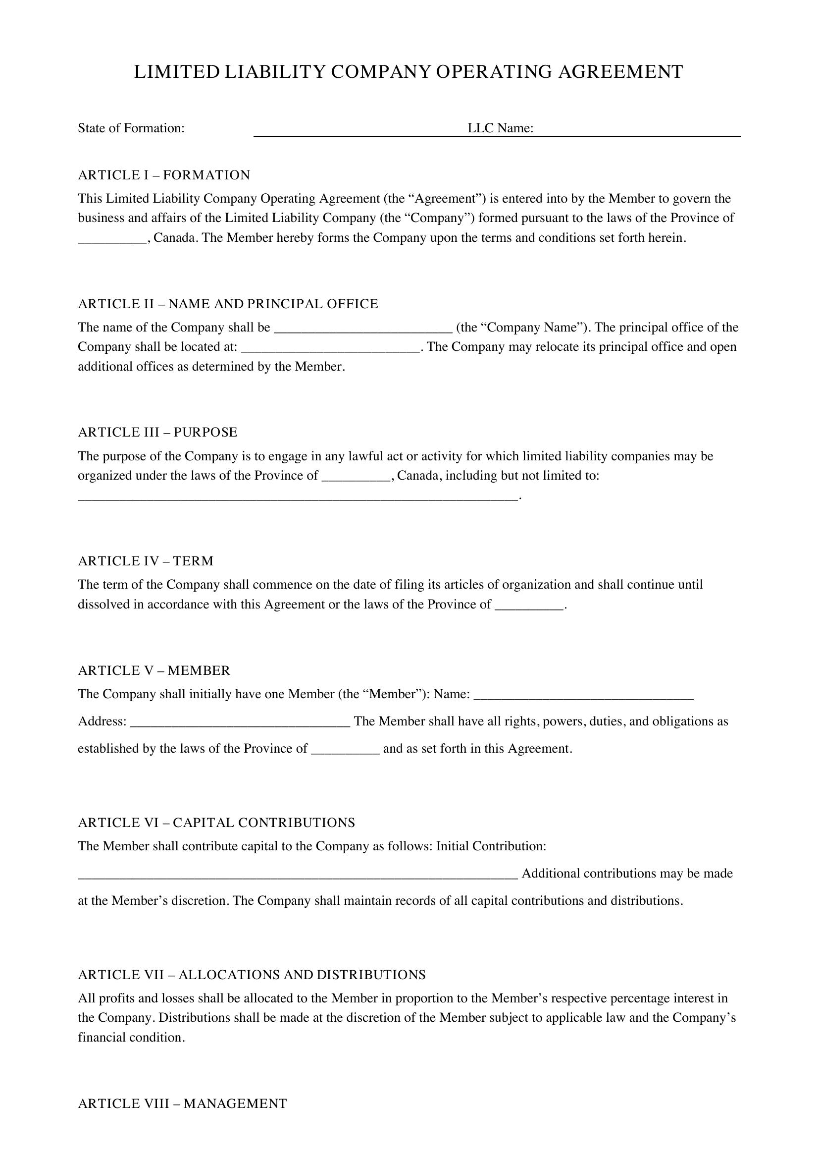 Llc Operating Agreement Template - Canada