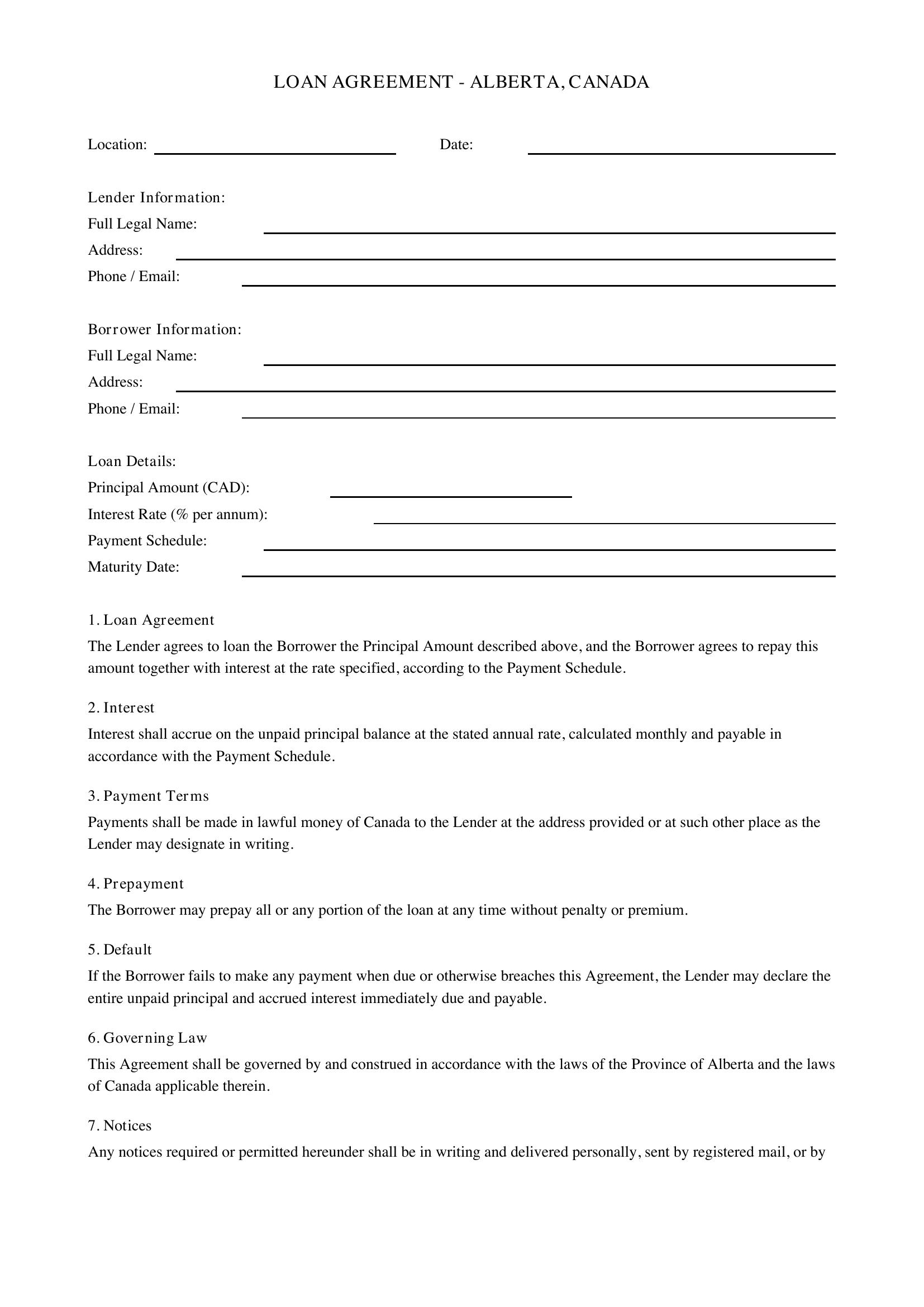 Loan Agreement Alberta Template - Canada