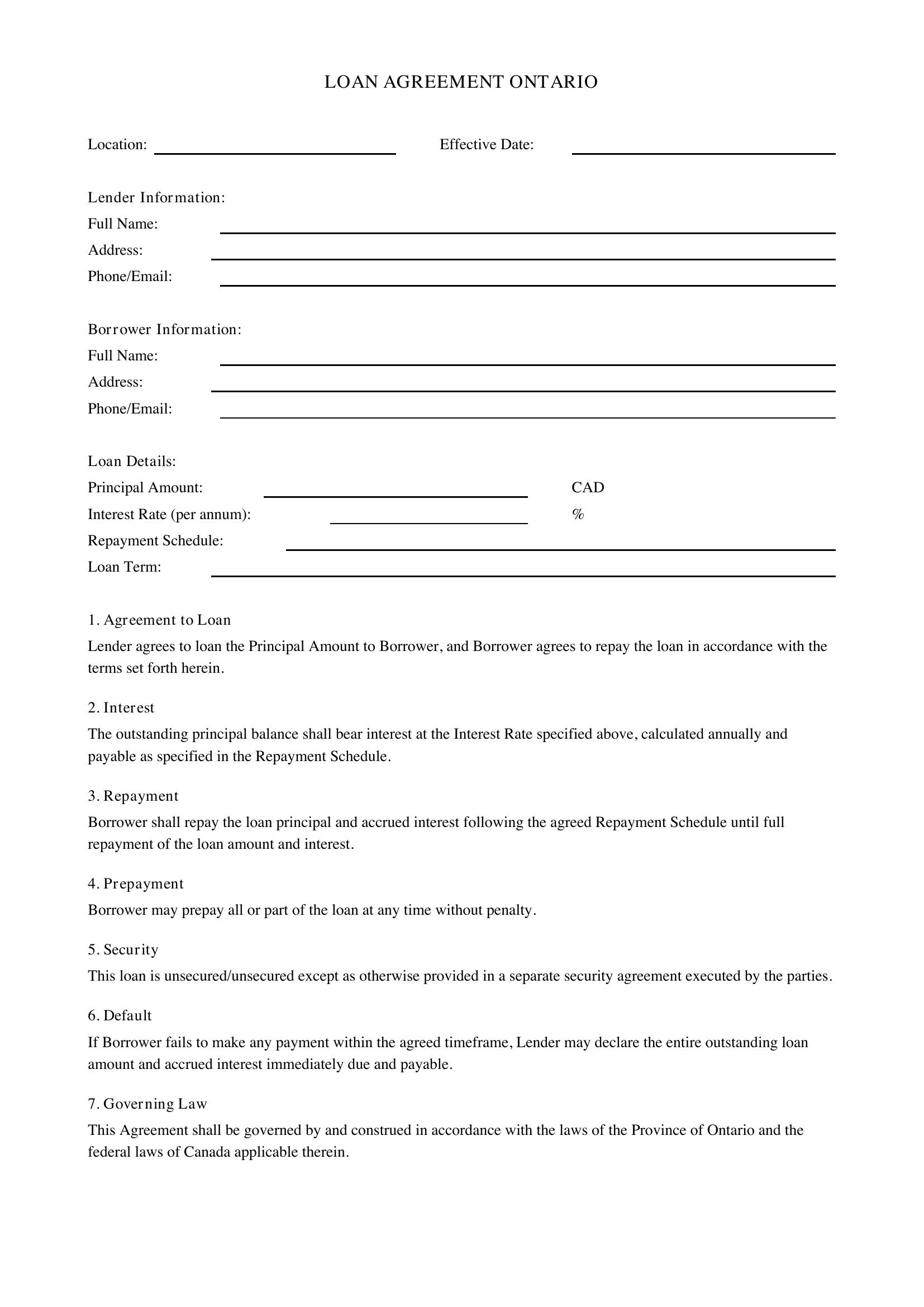 Loan Agreement Ontario Template - Canada