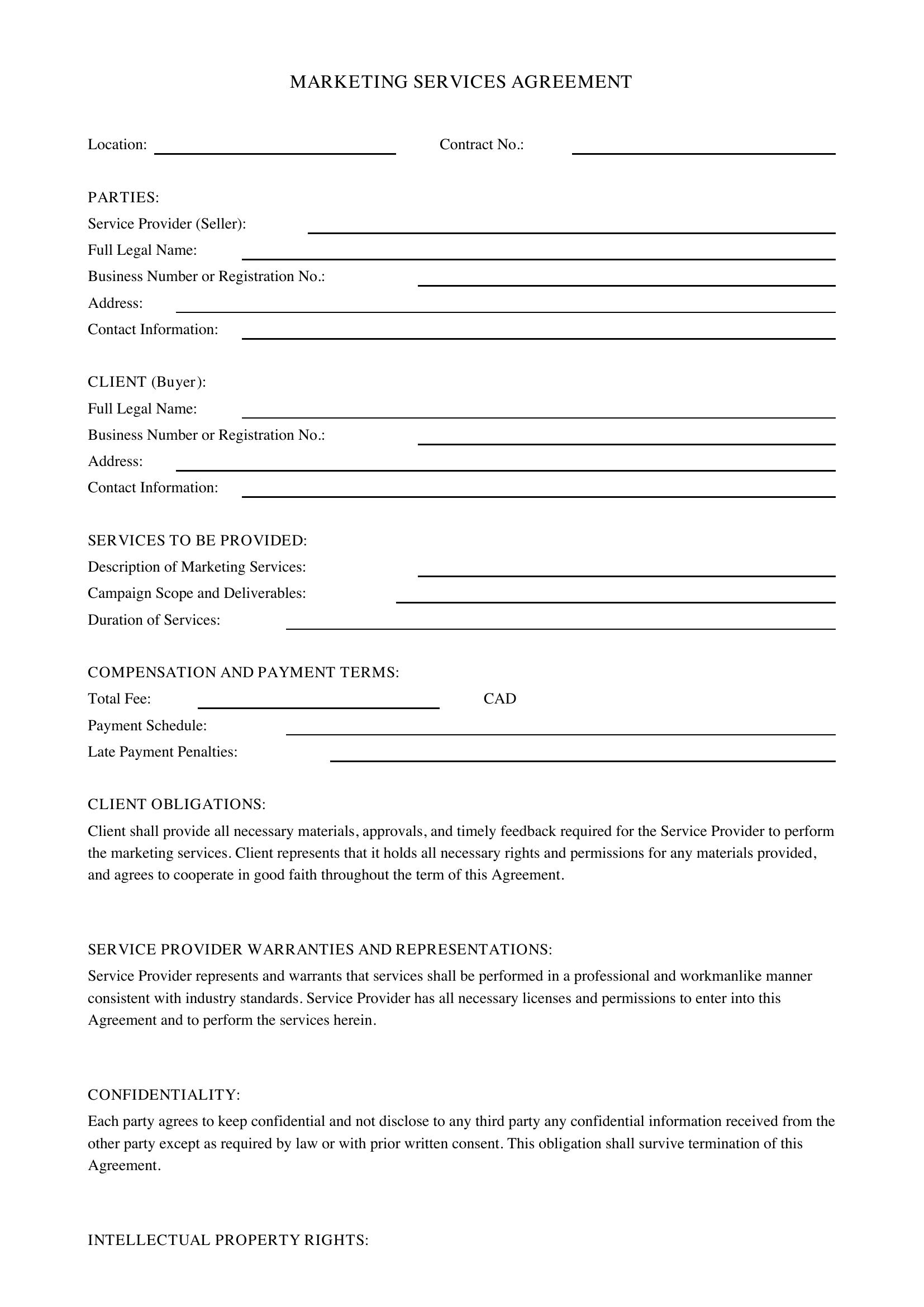 Marketing Contract Template - Canada