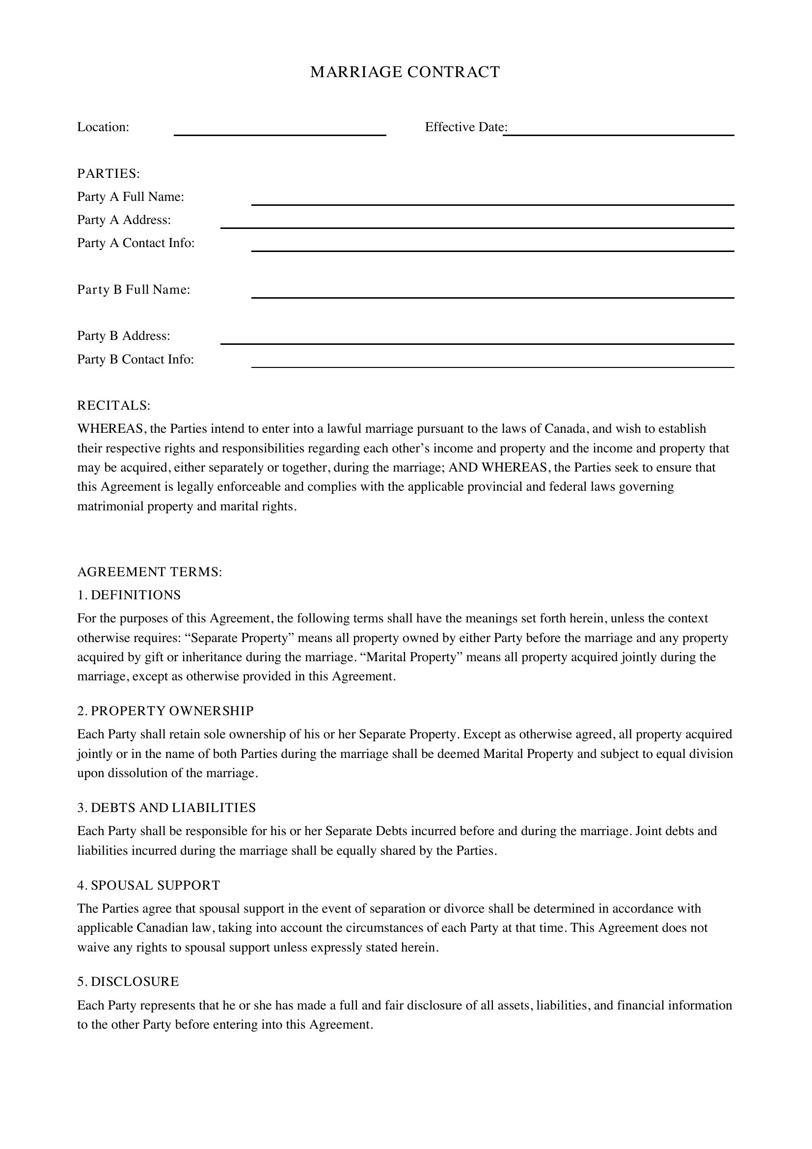 Marriage Contract Template - Canada