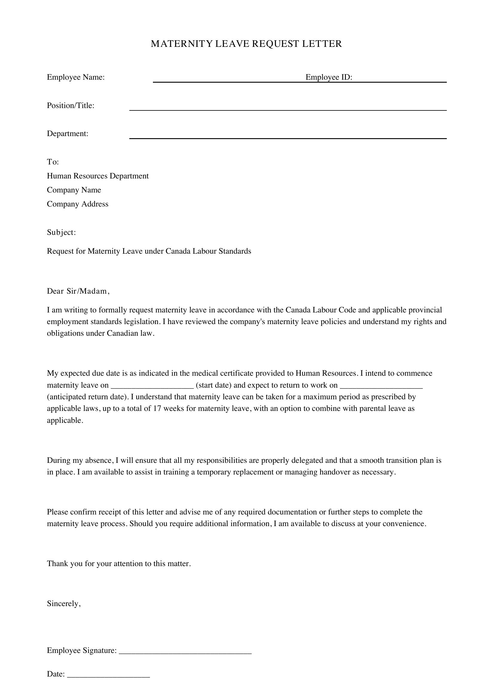 Maternity Leave Letter Template - Canada