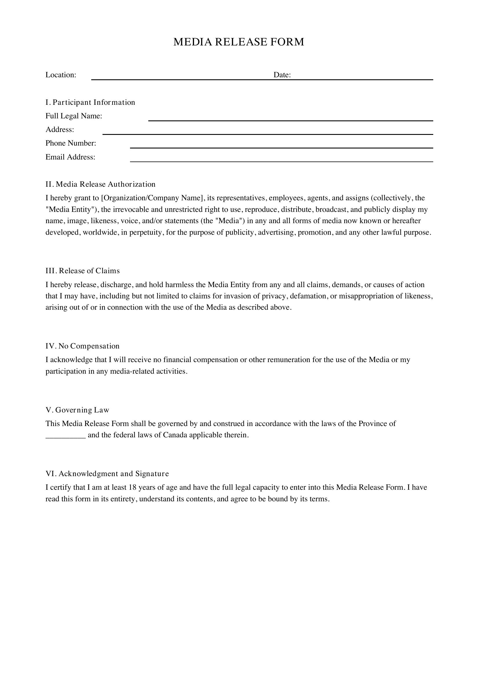 Media Release Form Template - Canada