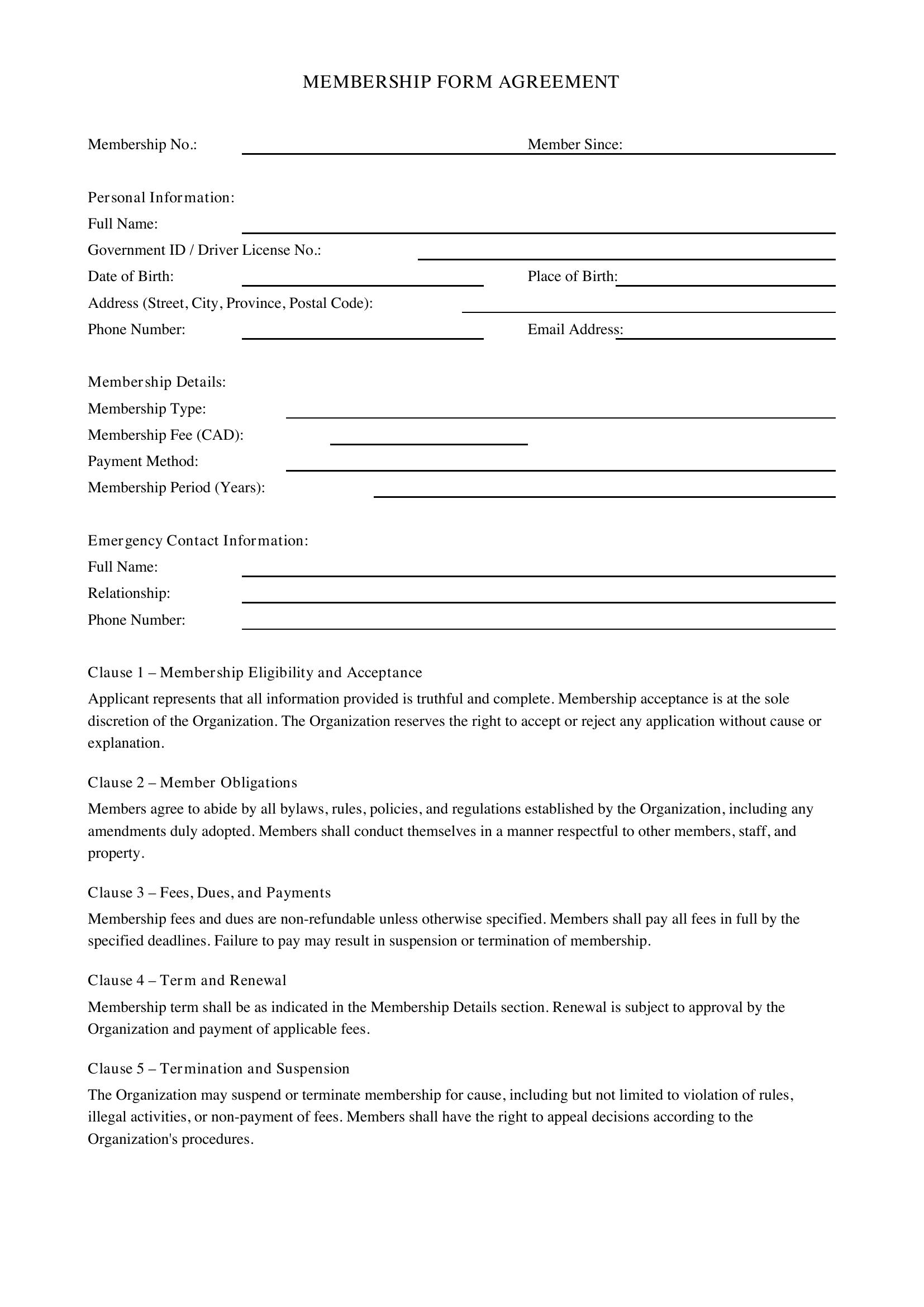 Membership Form Template - Canada