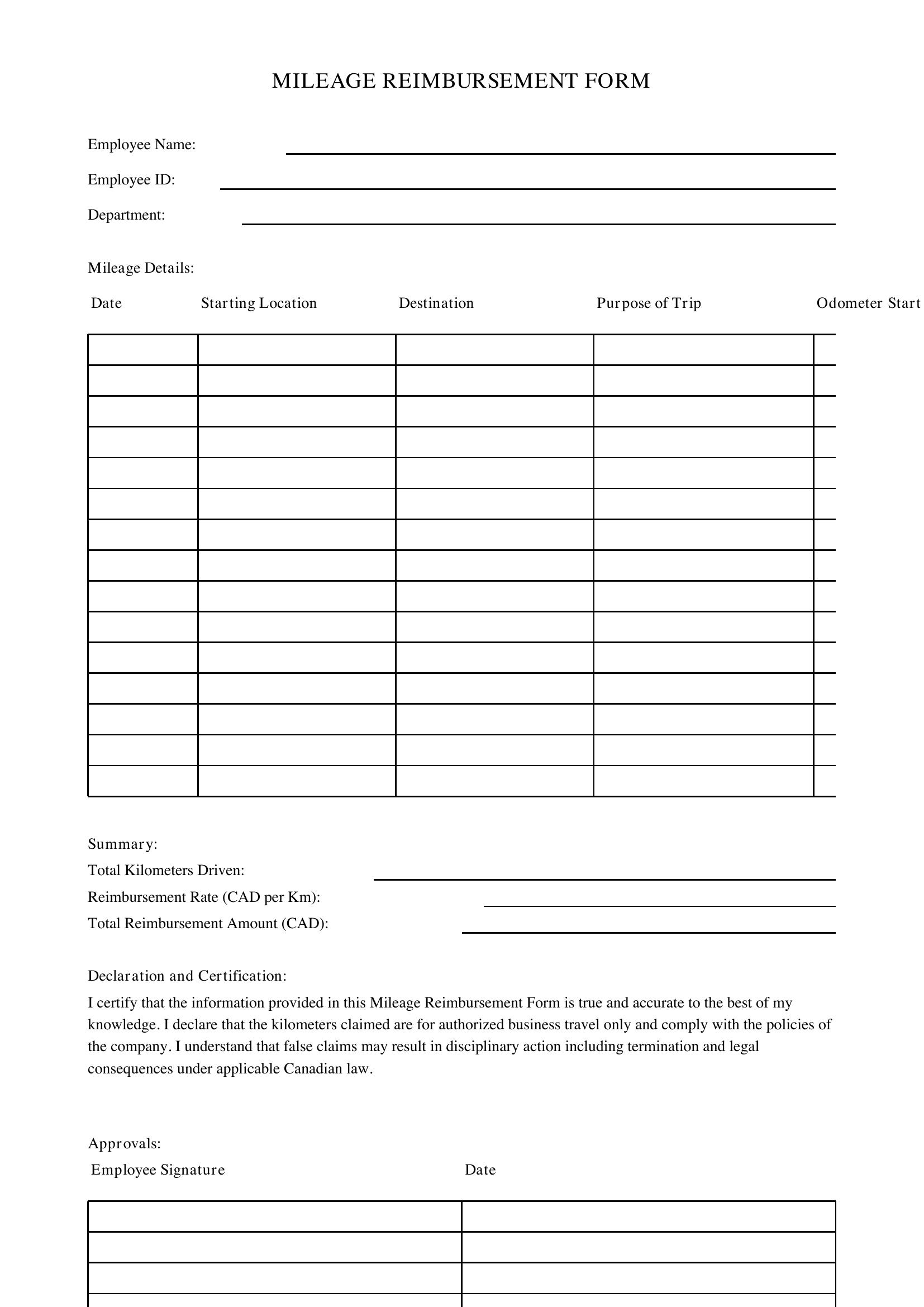 Mileage Form Template - Canada