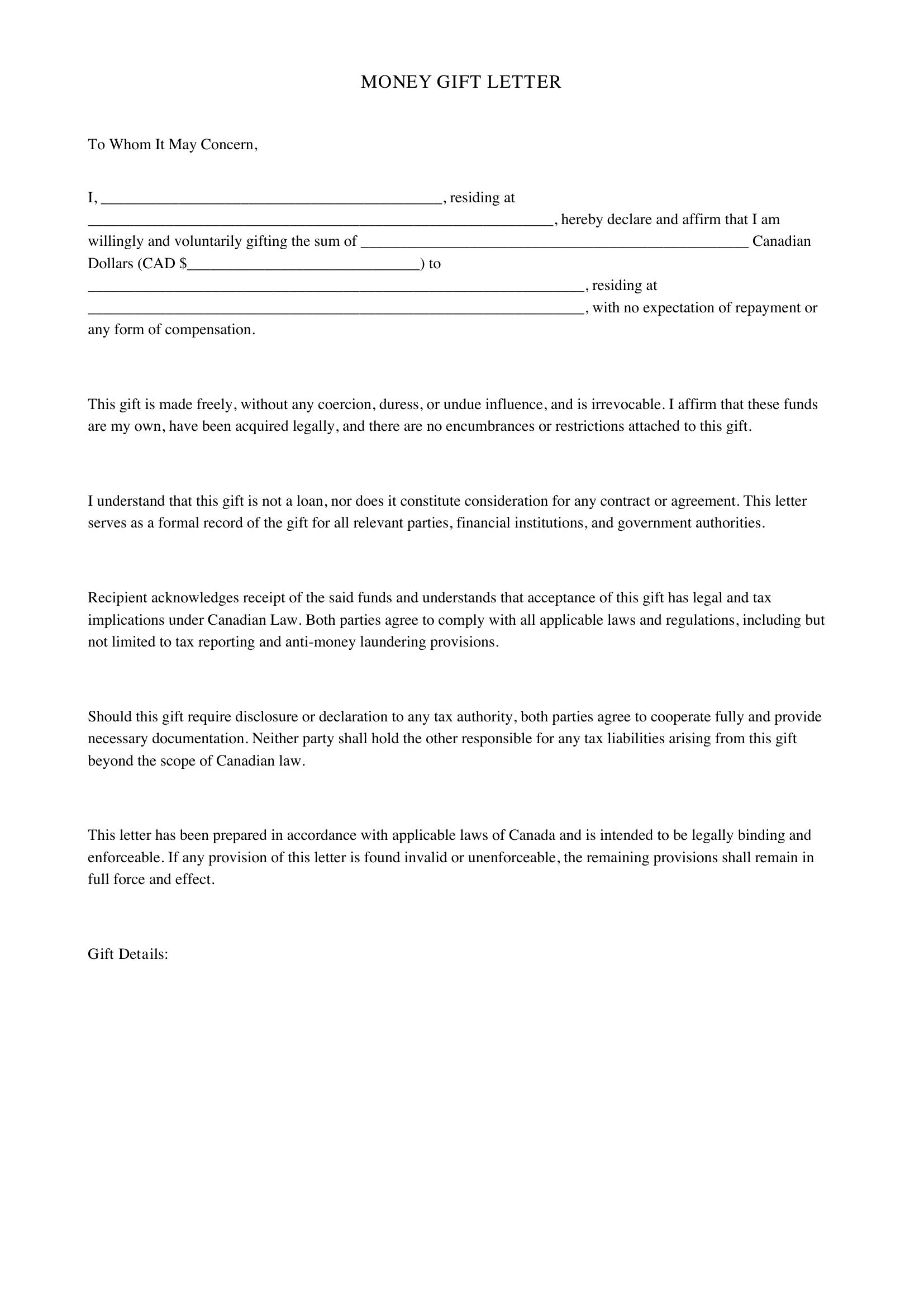 Money Gift Letter Template - Canada