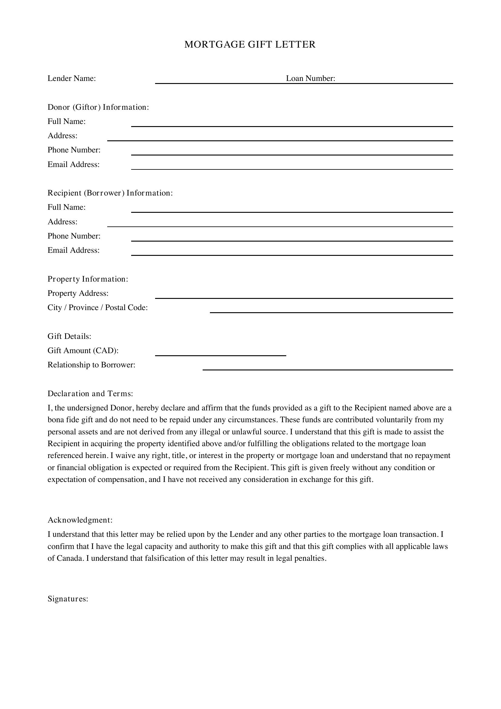 Mortgage Gift Letter Template - Canada