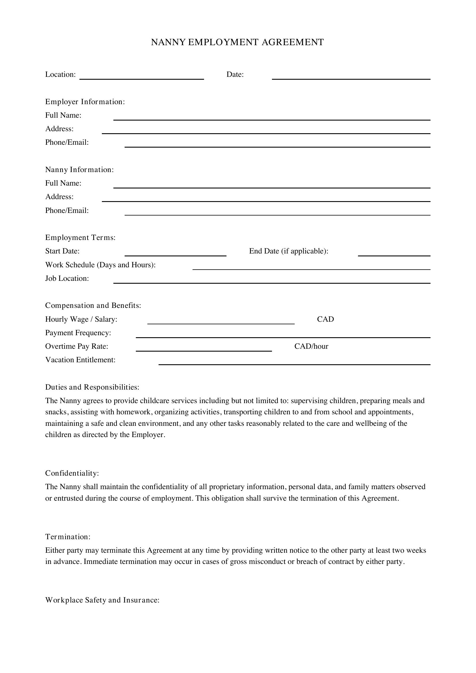 Nanny Contract Template - Canada