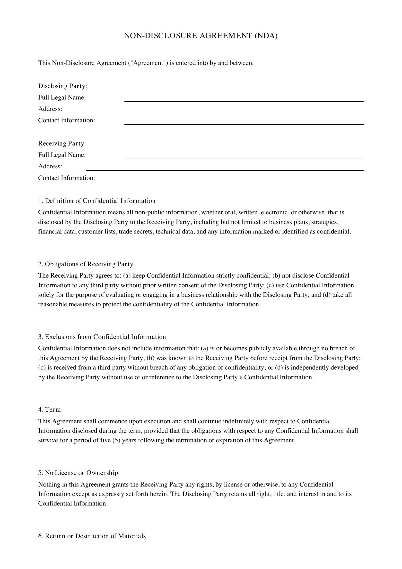 Nda Form Template - Canada