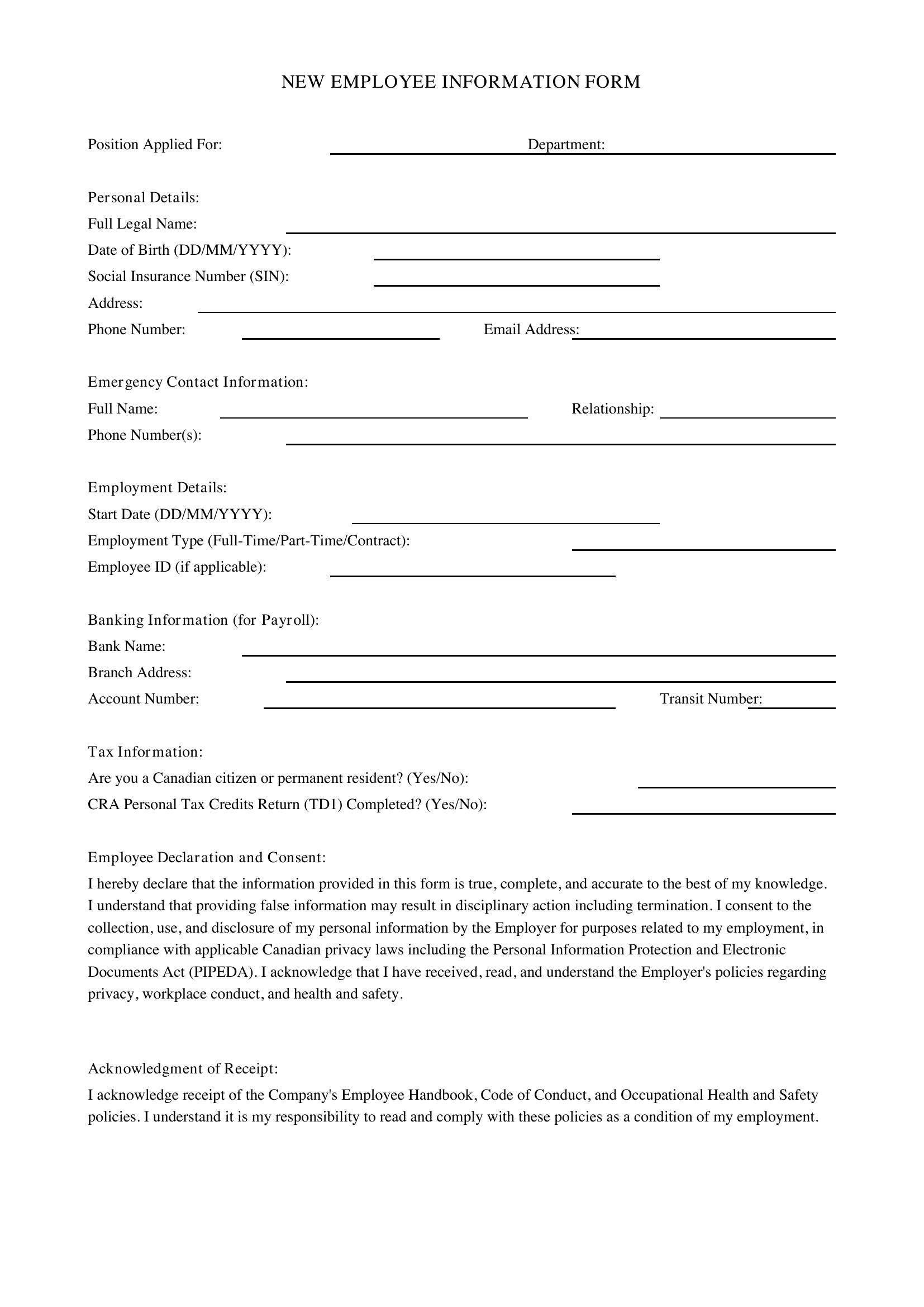New Employee Information Form Template - Canada