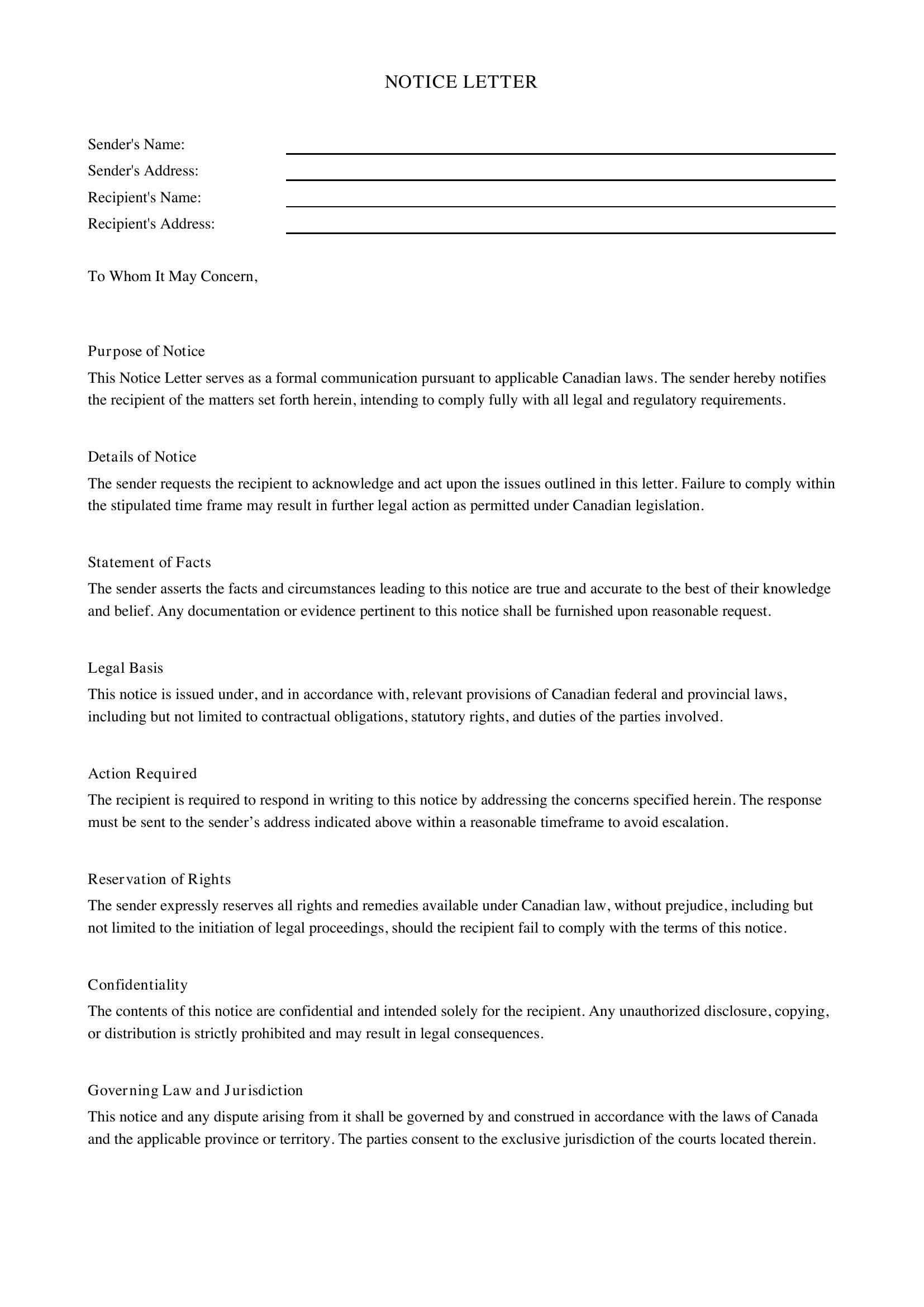 Notice Letter Template - Canada
