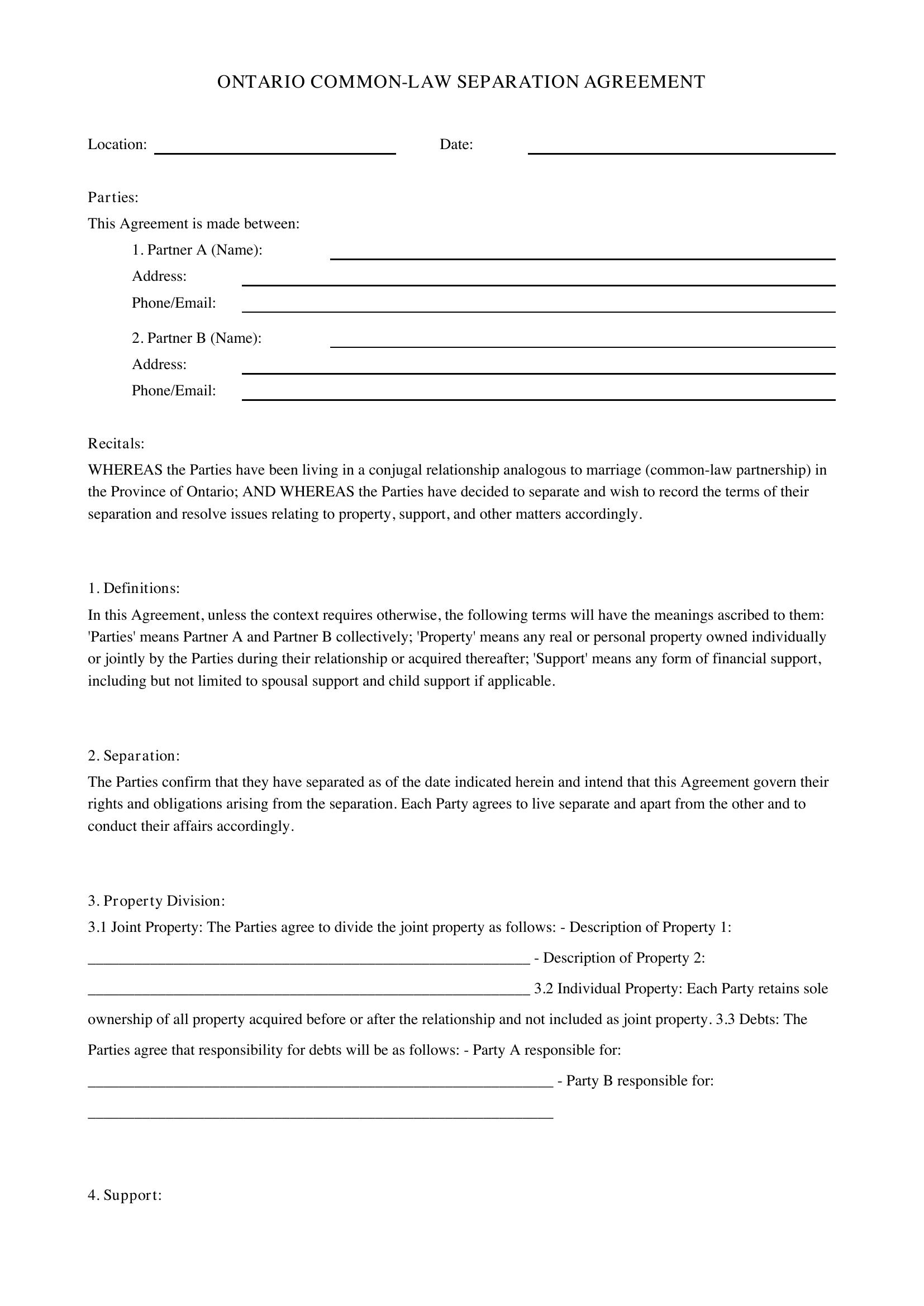 Ontario Common-Law Separation Agreement Template - Canada