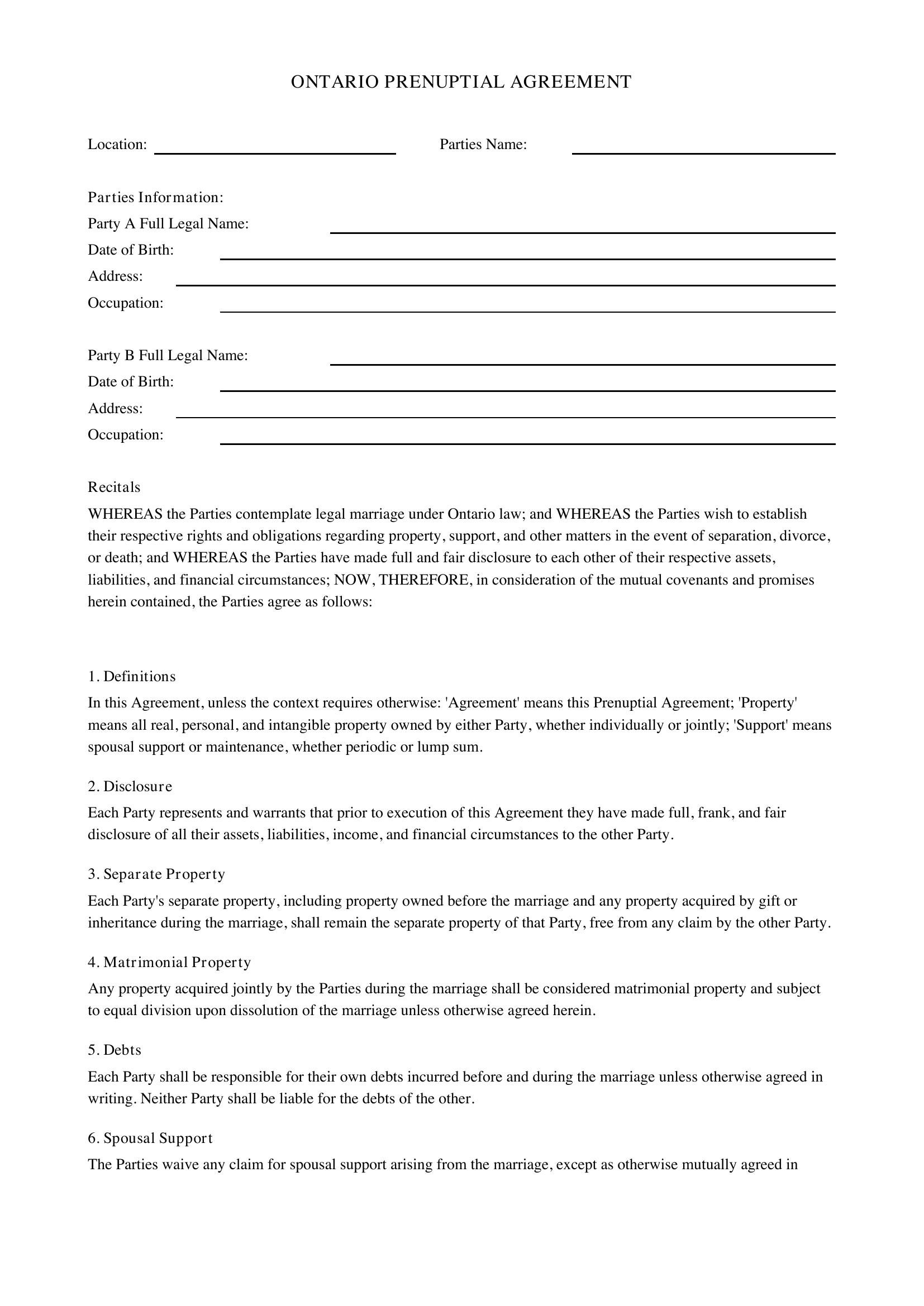 Ontario Prenuptial Agreement Template - Canada