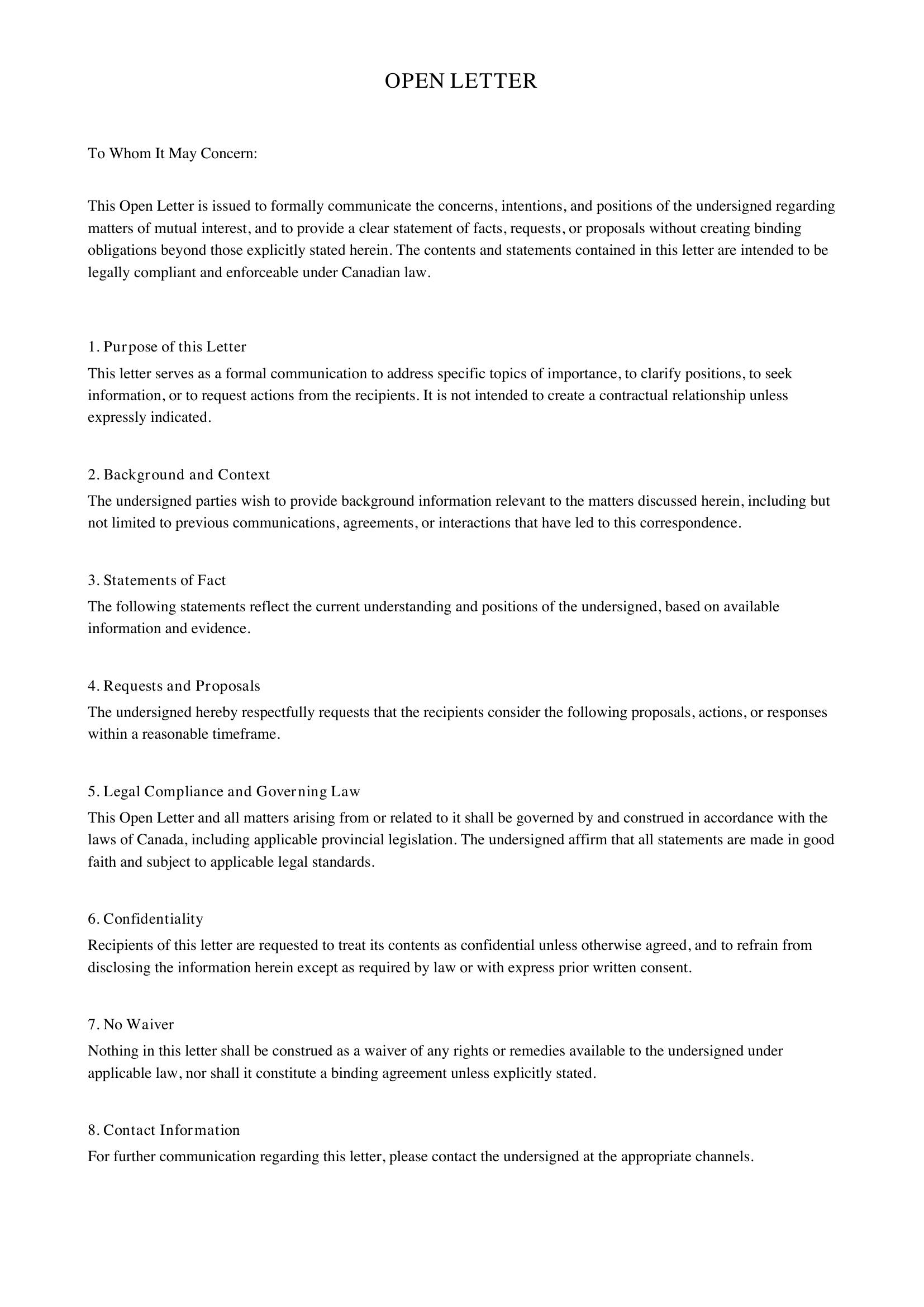 Open Letter Template - Canada