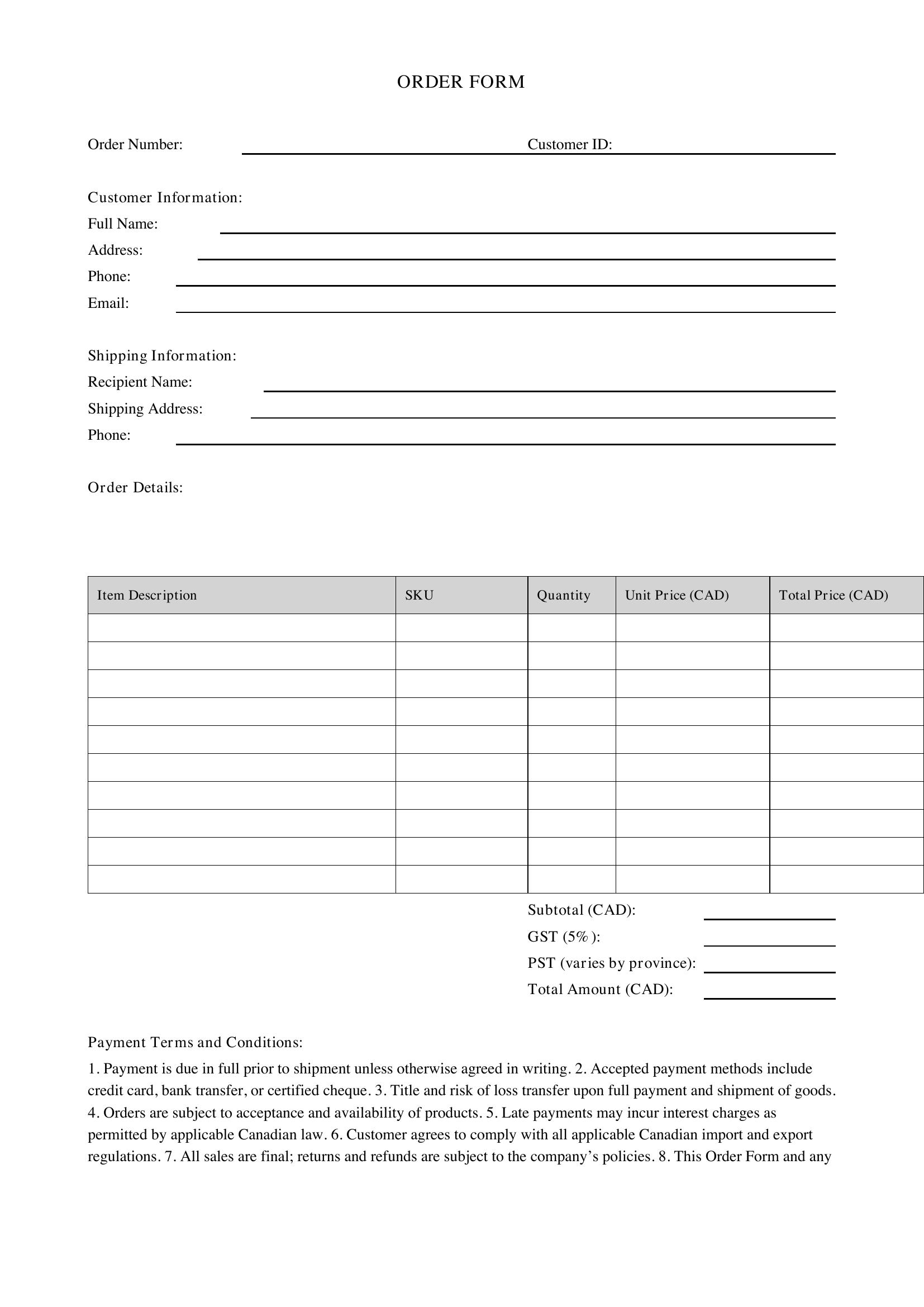 Order Form Template - Canada