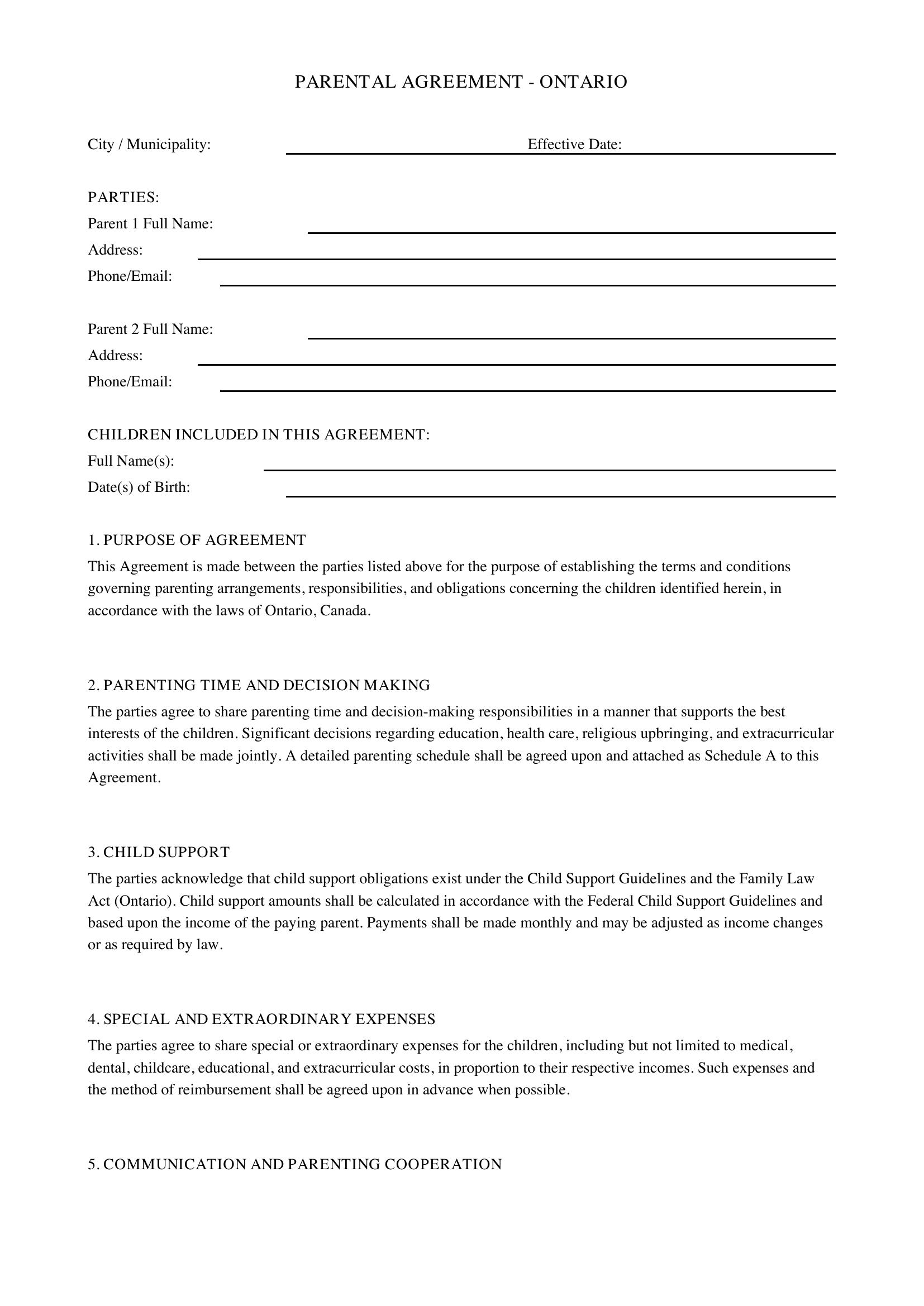 Parental Agreement Ontario Template - Canada