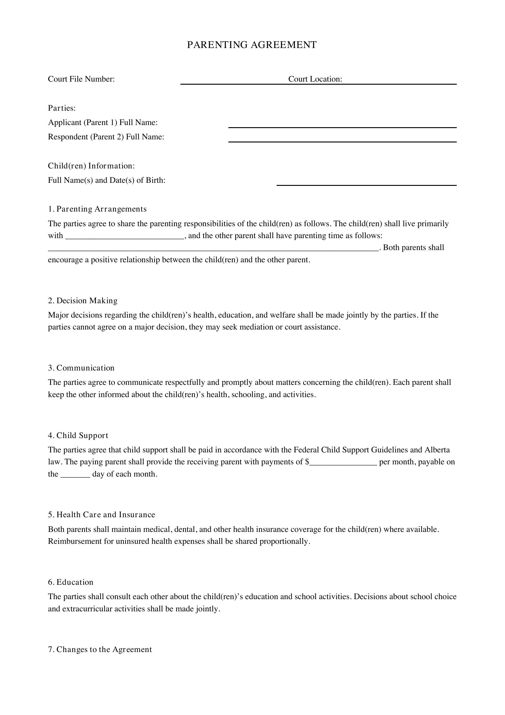 Parenting Agreement Alberta Template - Canada