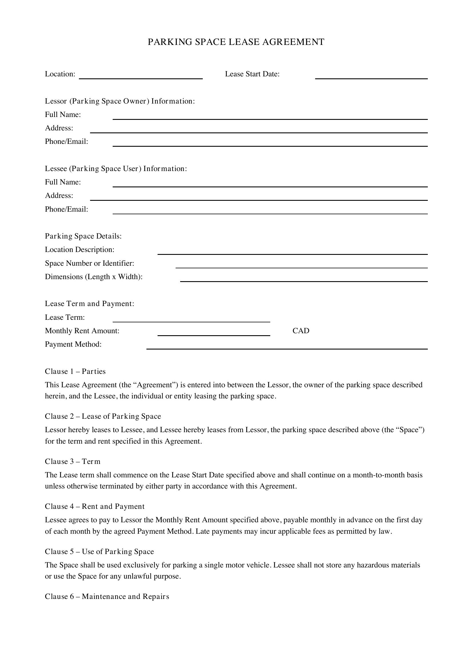 Parking Agreement Template - Canada