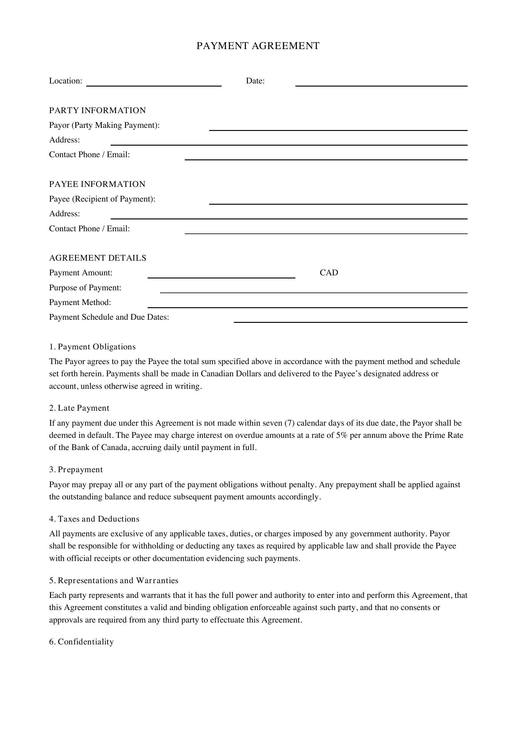 Payment Agreement Template - Canada