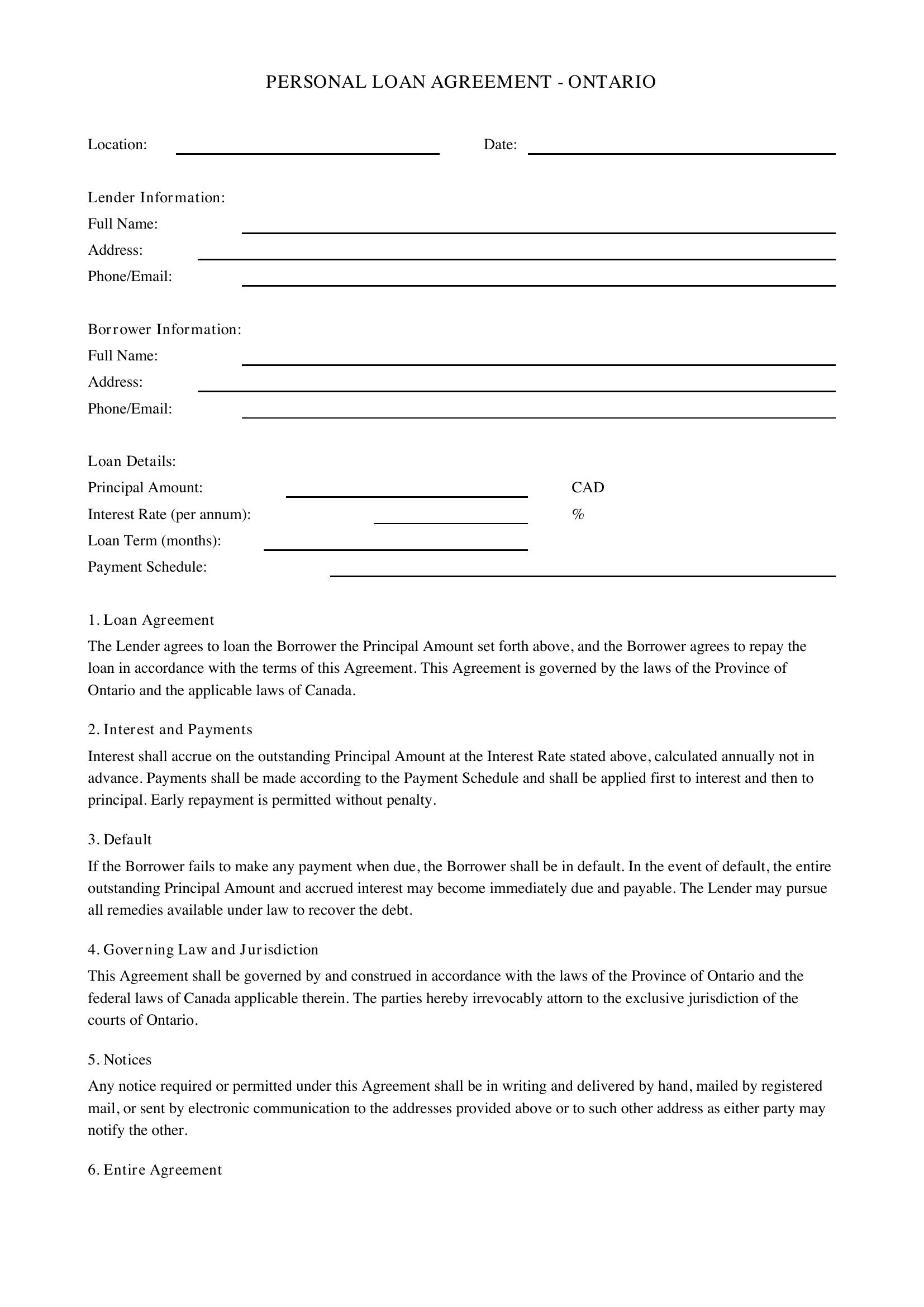 Personal Loan Agreement Ontario Template - Canada